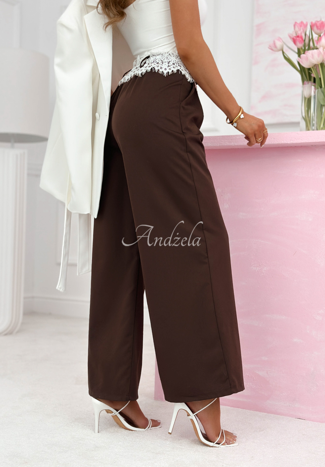 Melodine chocolate wide-leg fabric pants with lace