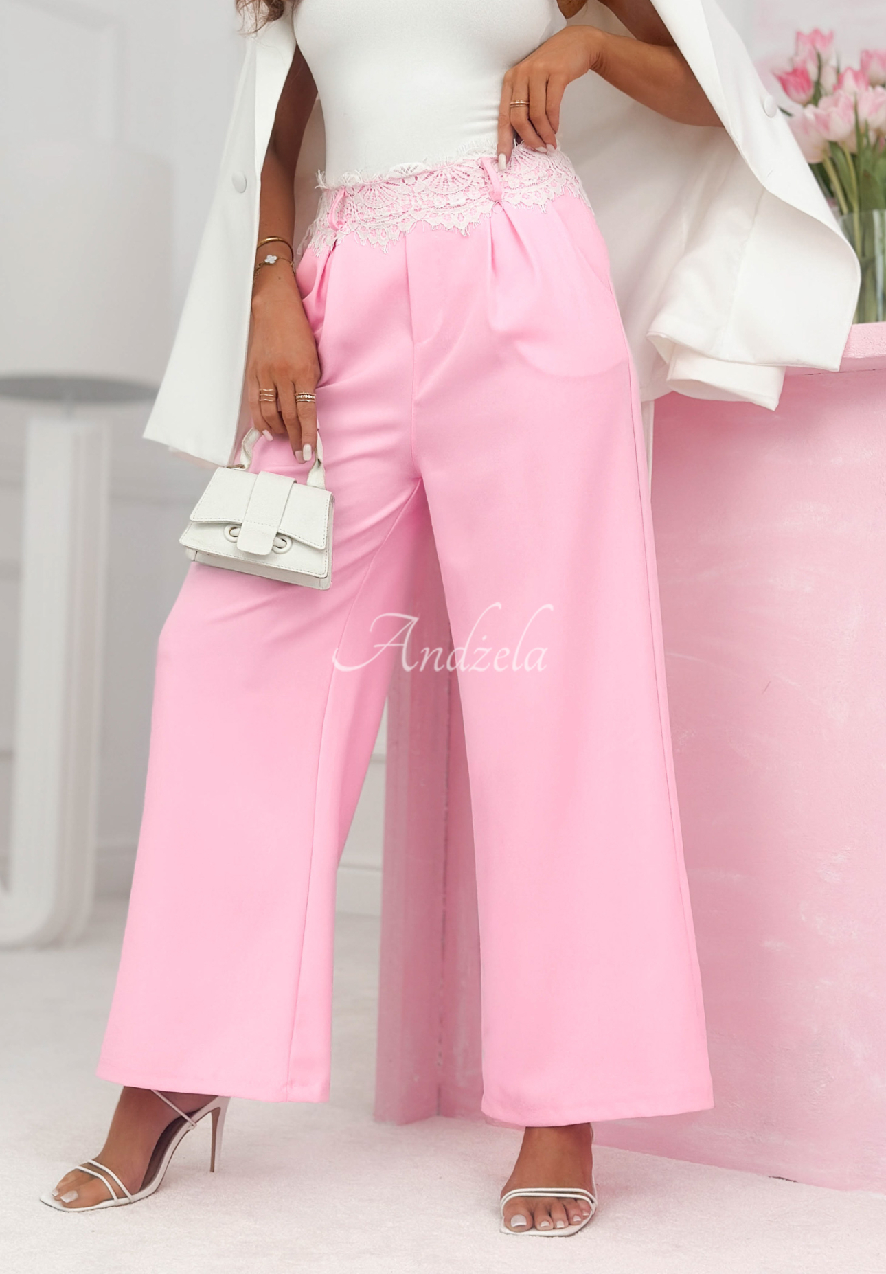 Melodine pink wide-leg fabric pants with lace