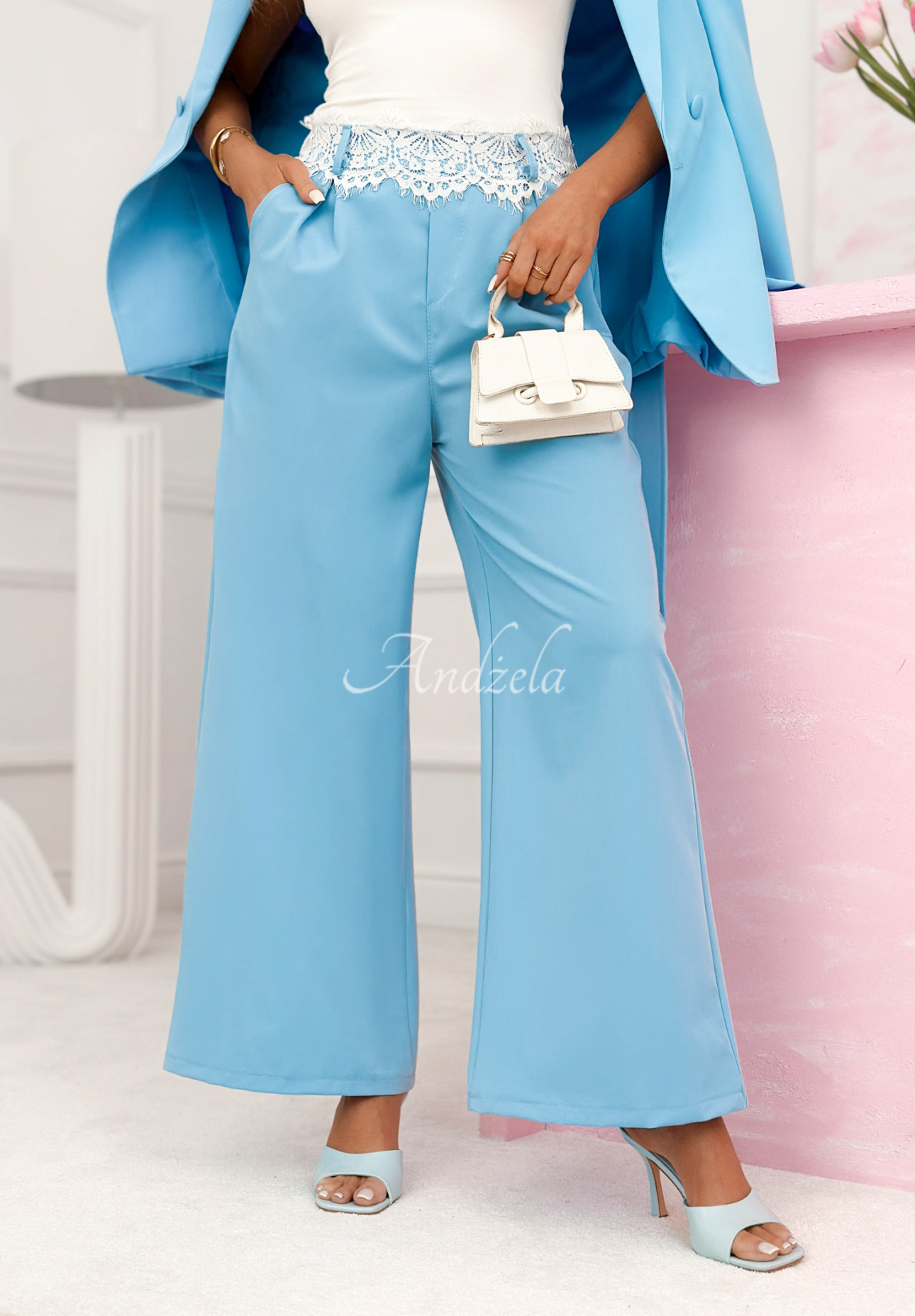Melodine sky blue wide-leg fabric pants with lace