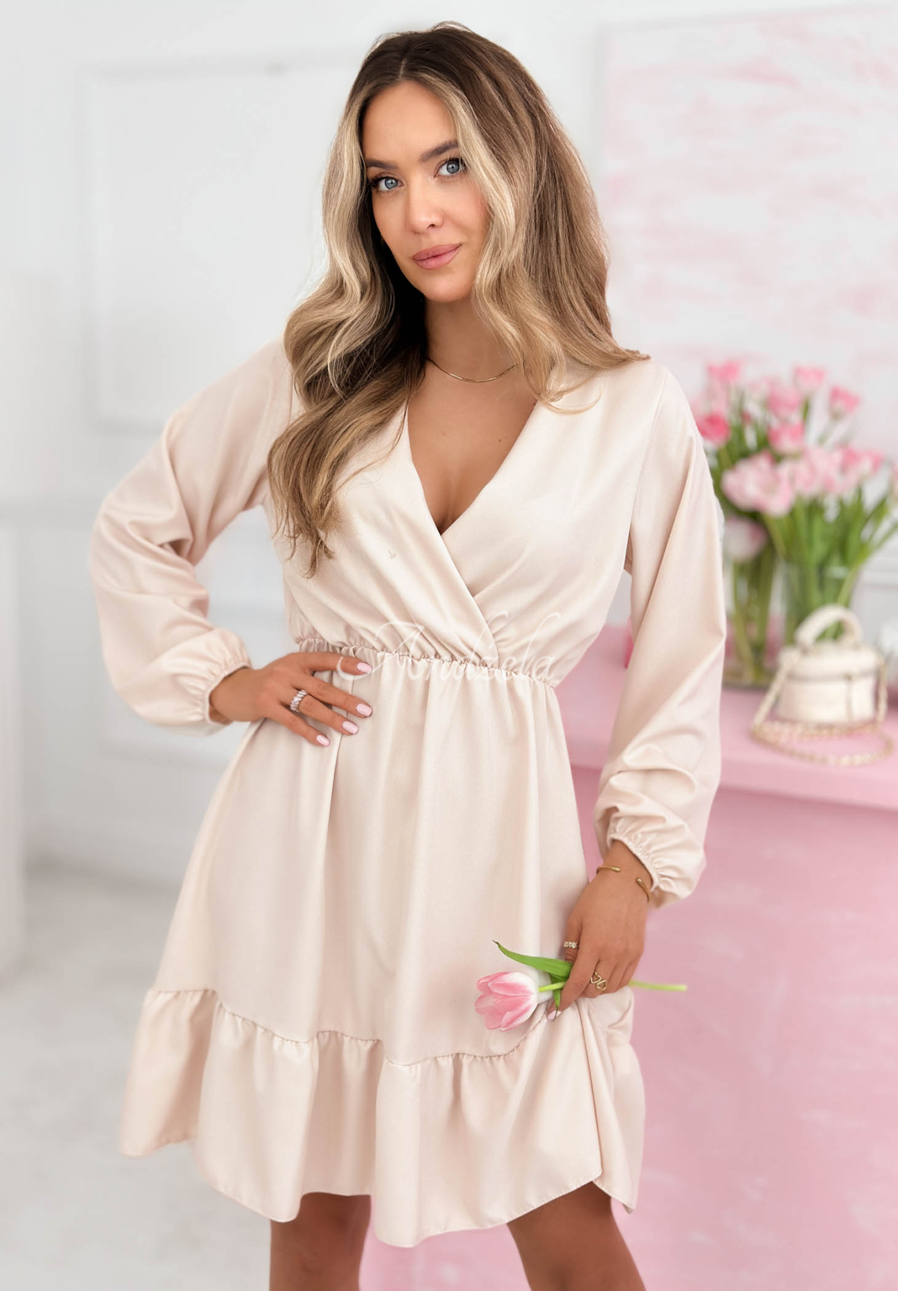 Valentina beige envelope dress with frills and viscose