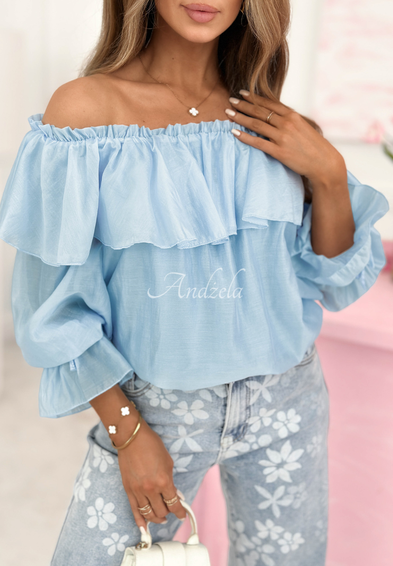 Seiden Off-Shoulder-Bluse mit Rüschen Arlena Himmelblau