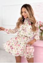 Kwiecista Kleid mini z falbankami i stójką Lavender biało-Rosa