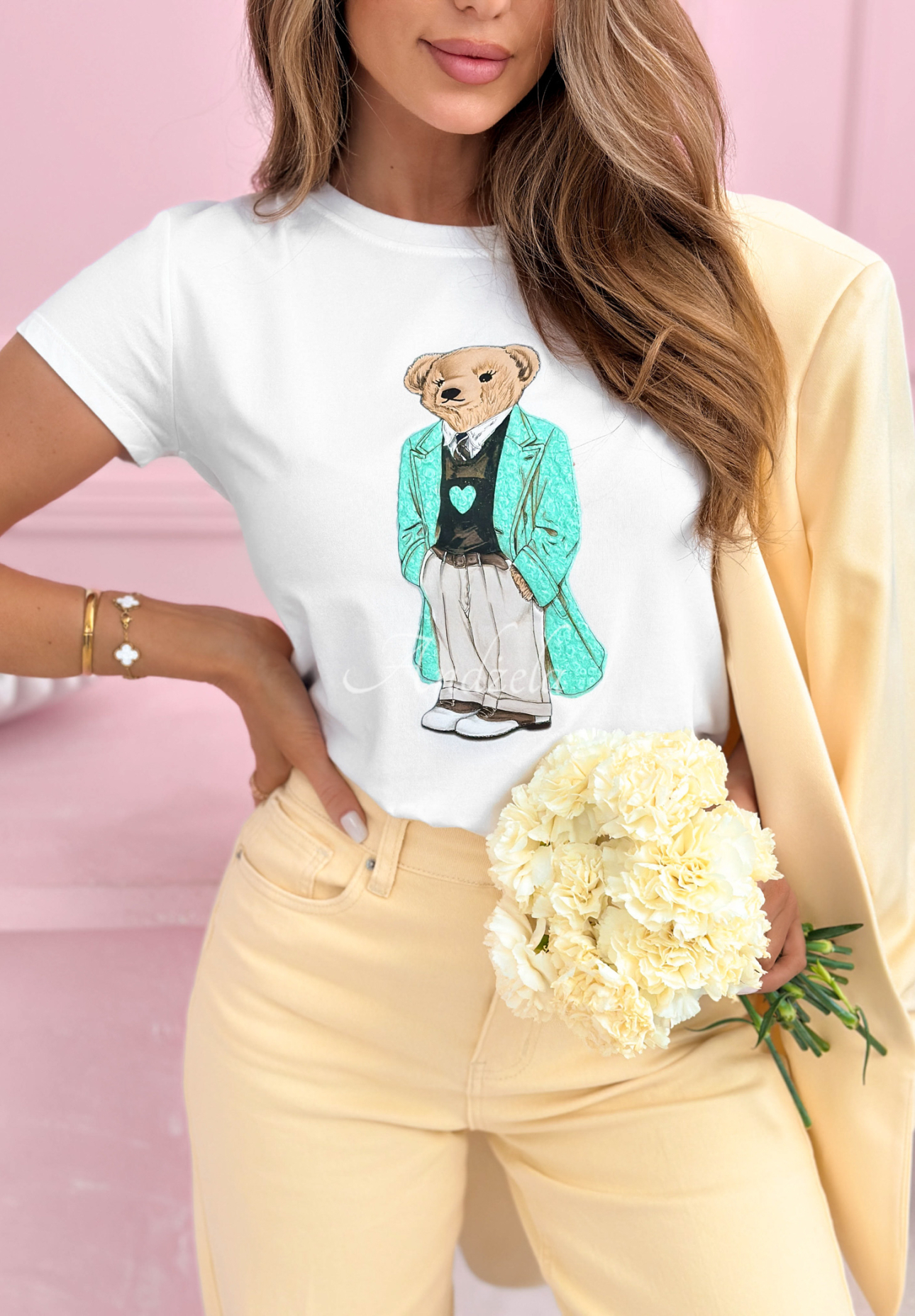 Cotton T-shirt with Teddy's Choice bear, white and mint green