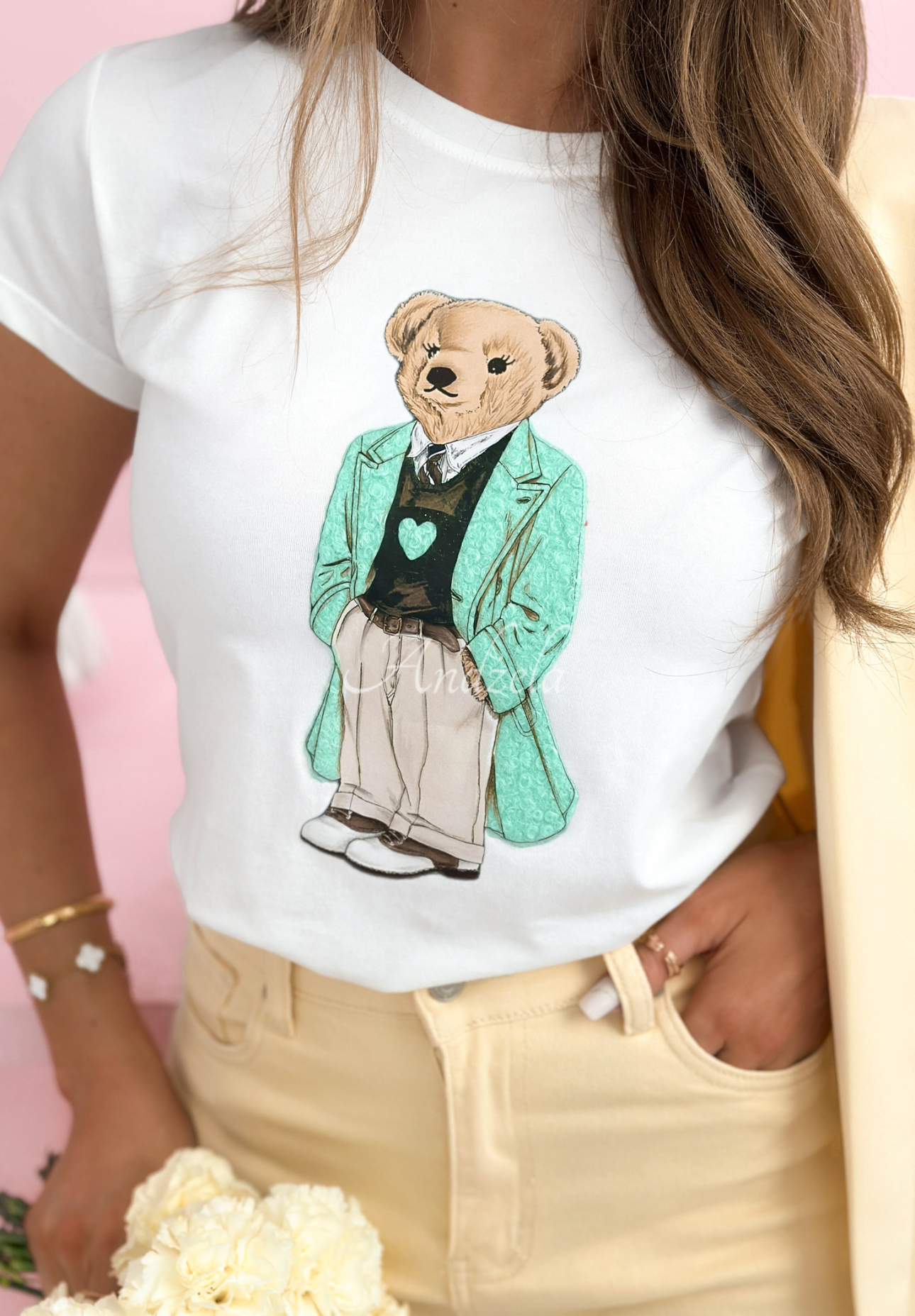 Baumwoll-T-Shirt mit Teddybär Teddy's Choice weiß-Mintgrün