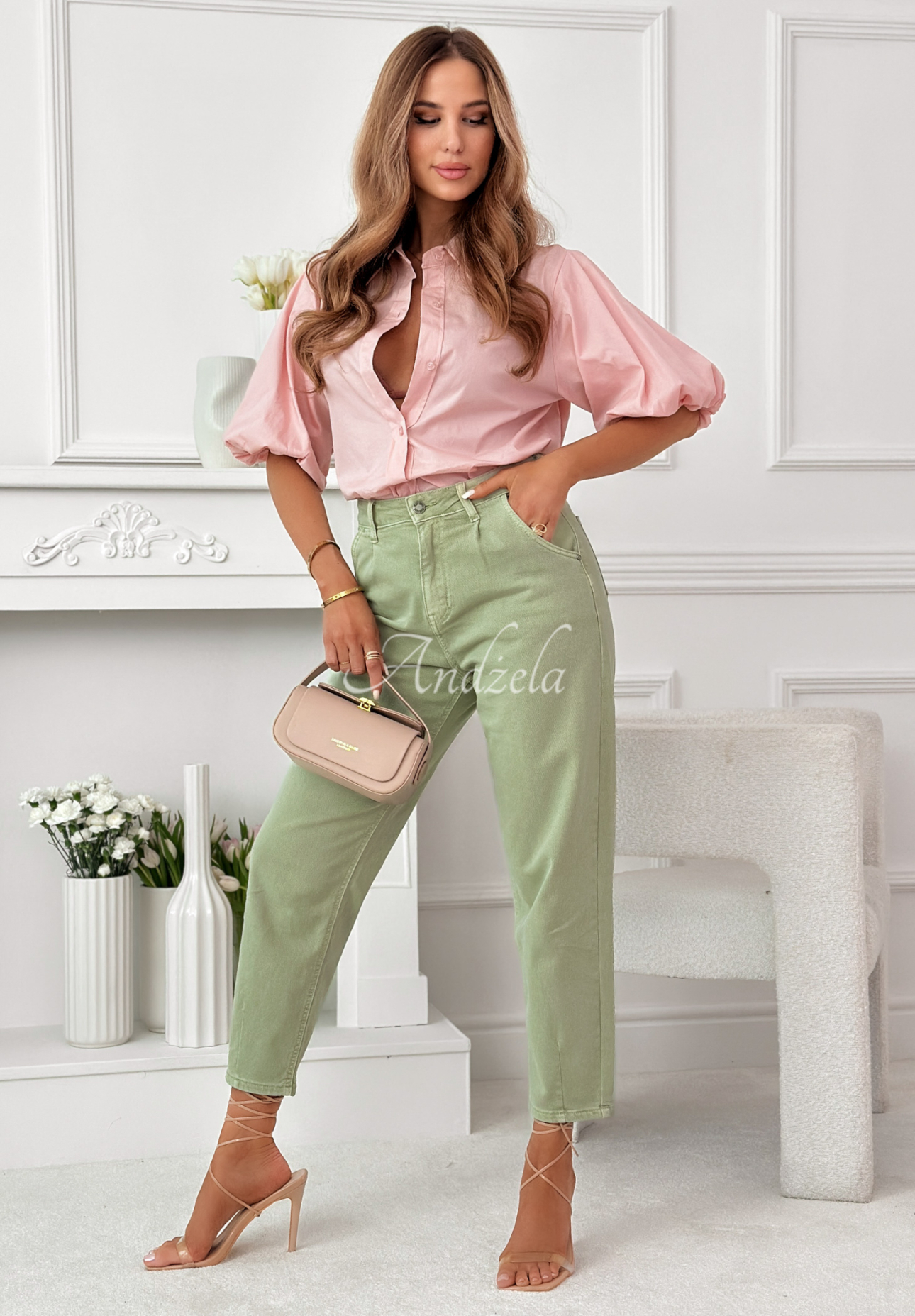 Jane powder pink cotton shirt with puffed sleeves