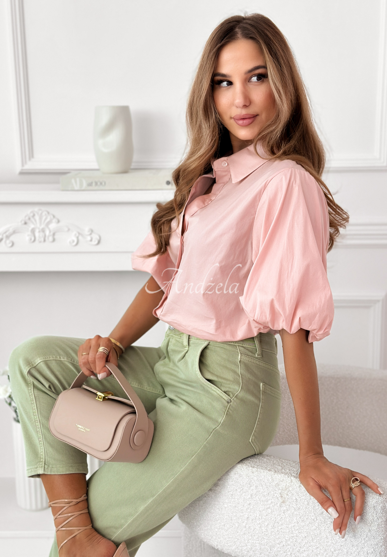 Jane powder pink cotton shirt with puffed sleeves