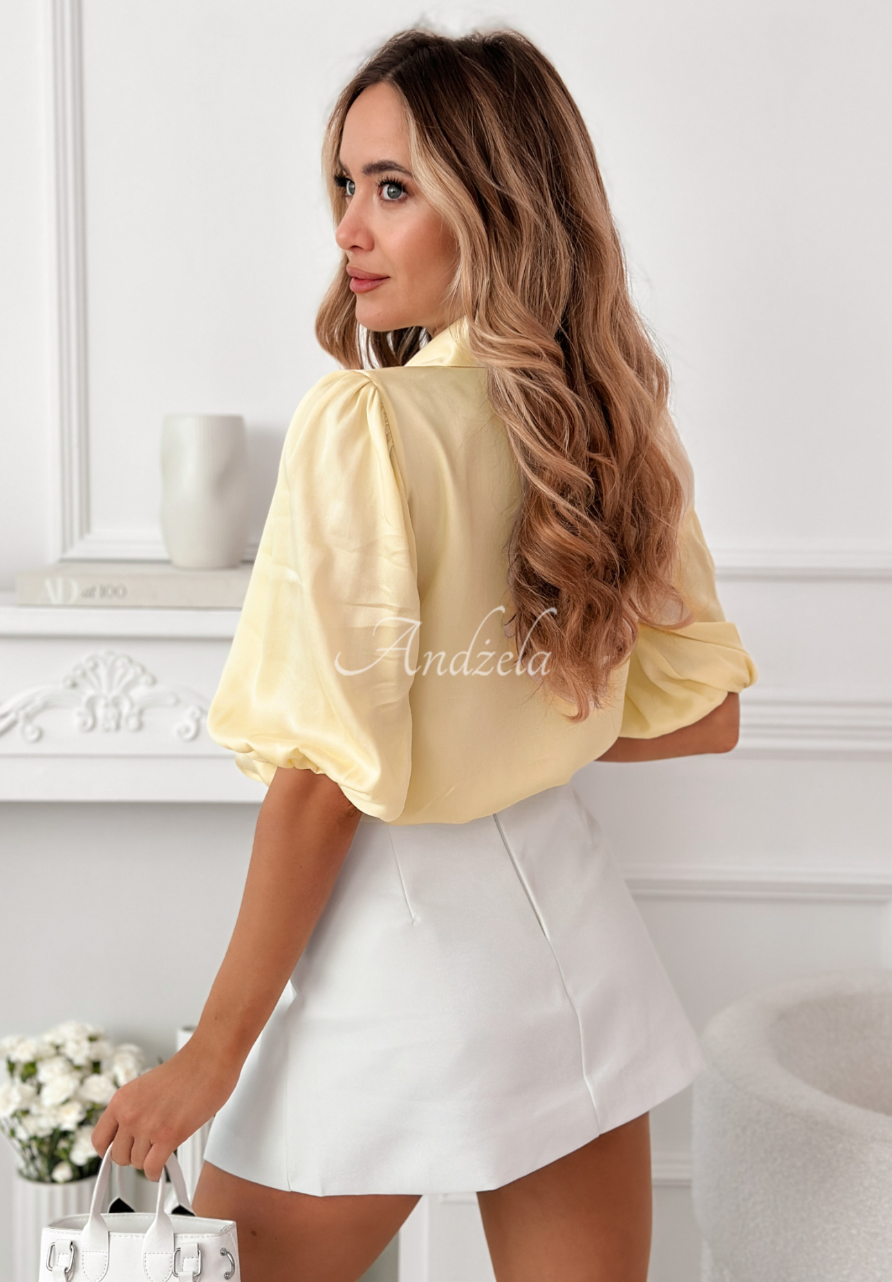 Selena yellow viscose shirt with puffed sleeves