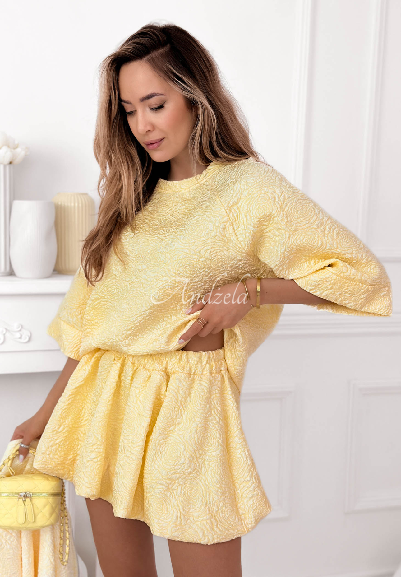 Layla yellow mini bubble skirt with texture