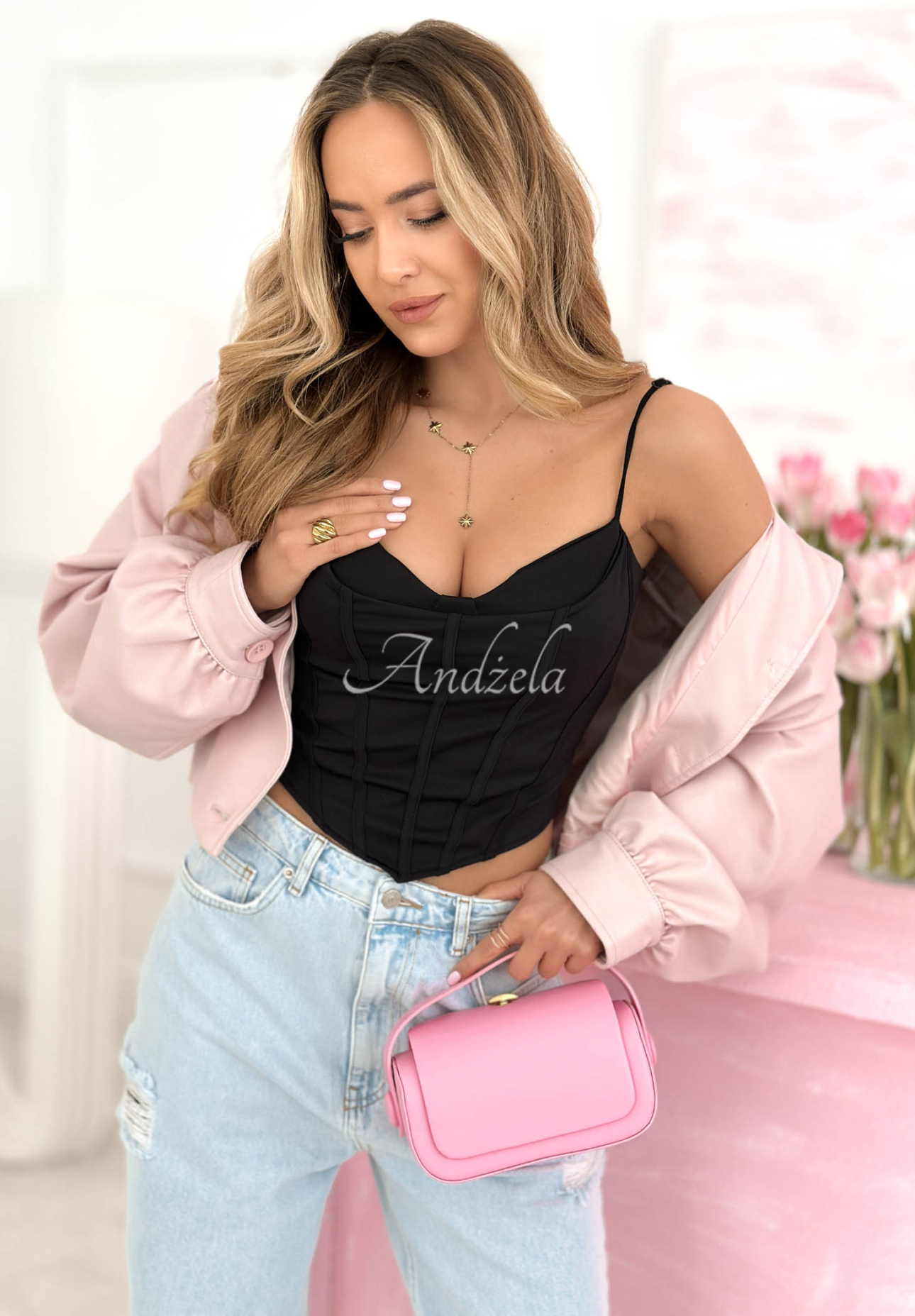 Corset top with Mabel neckline, black