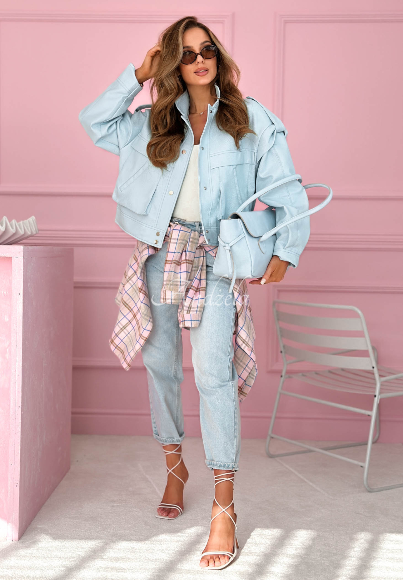 Kurze Lederjacke mit Kragen Jolie Himmelblau