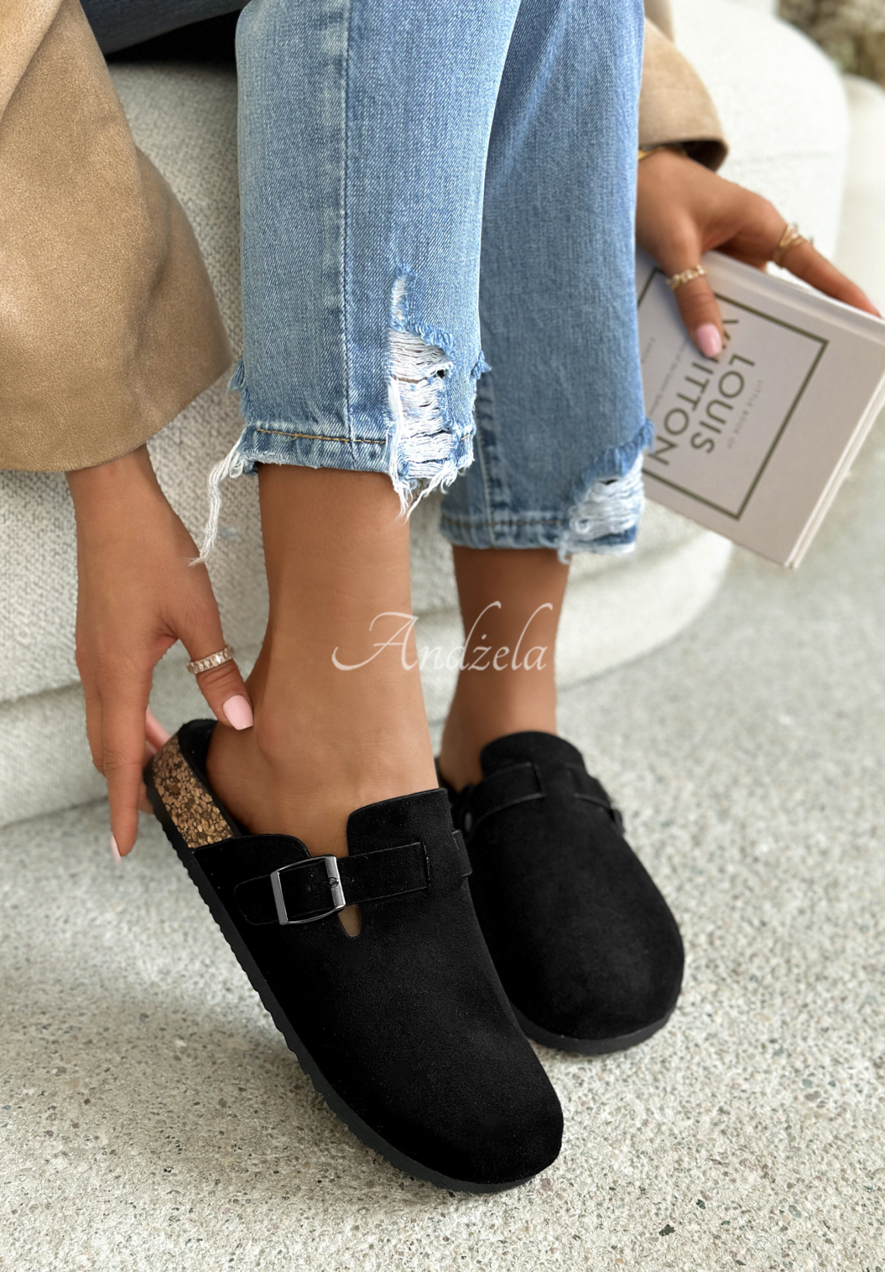 Madison black suede clogs with strap