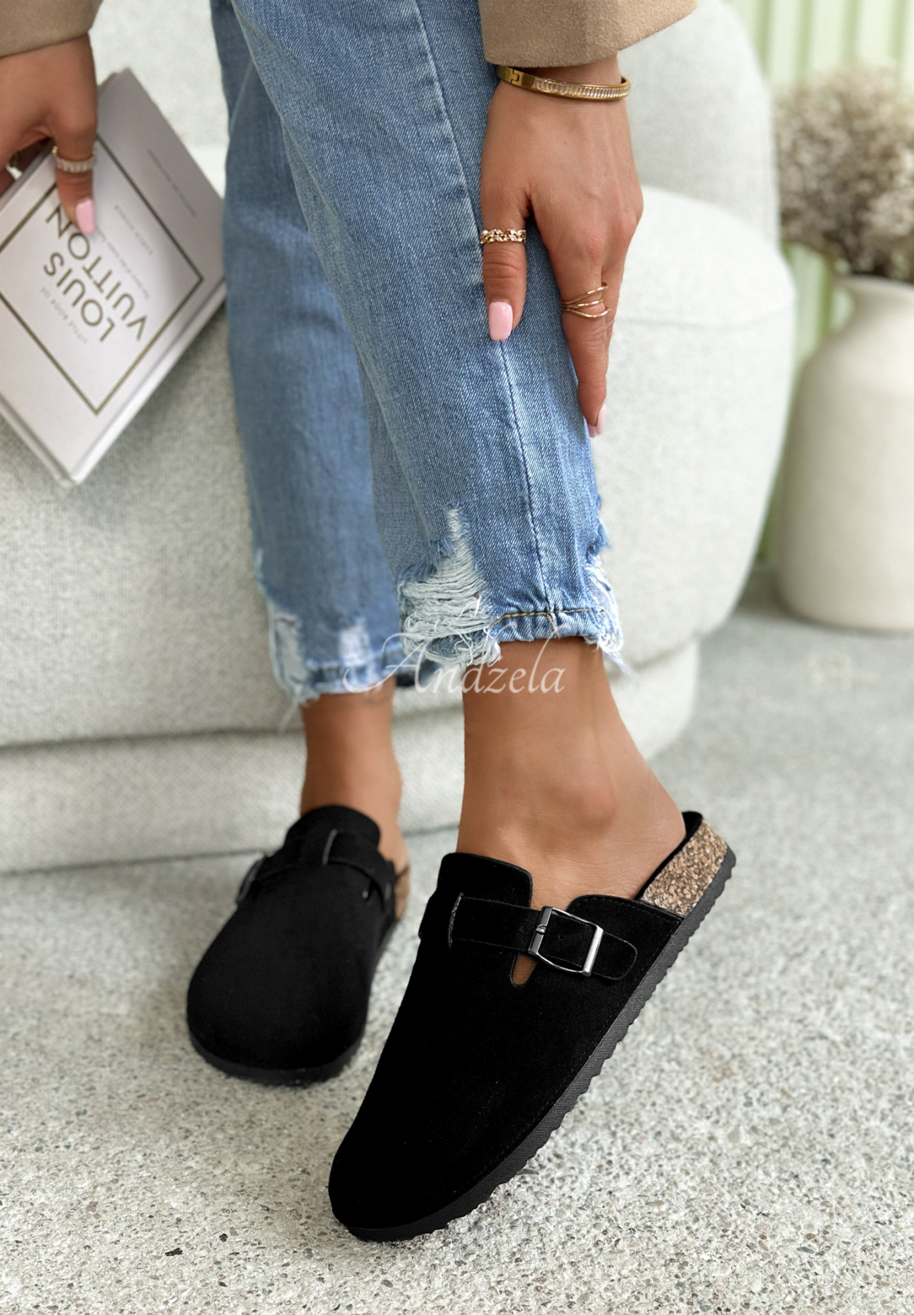 Madison black suede clogs with strap