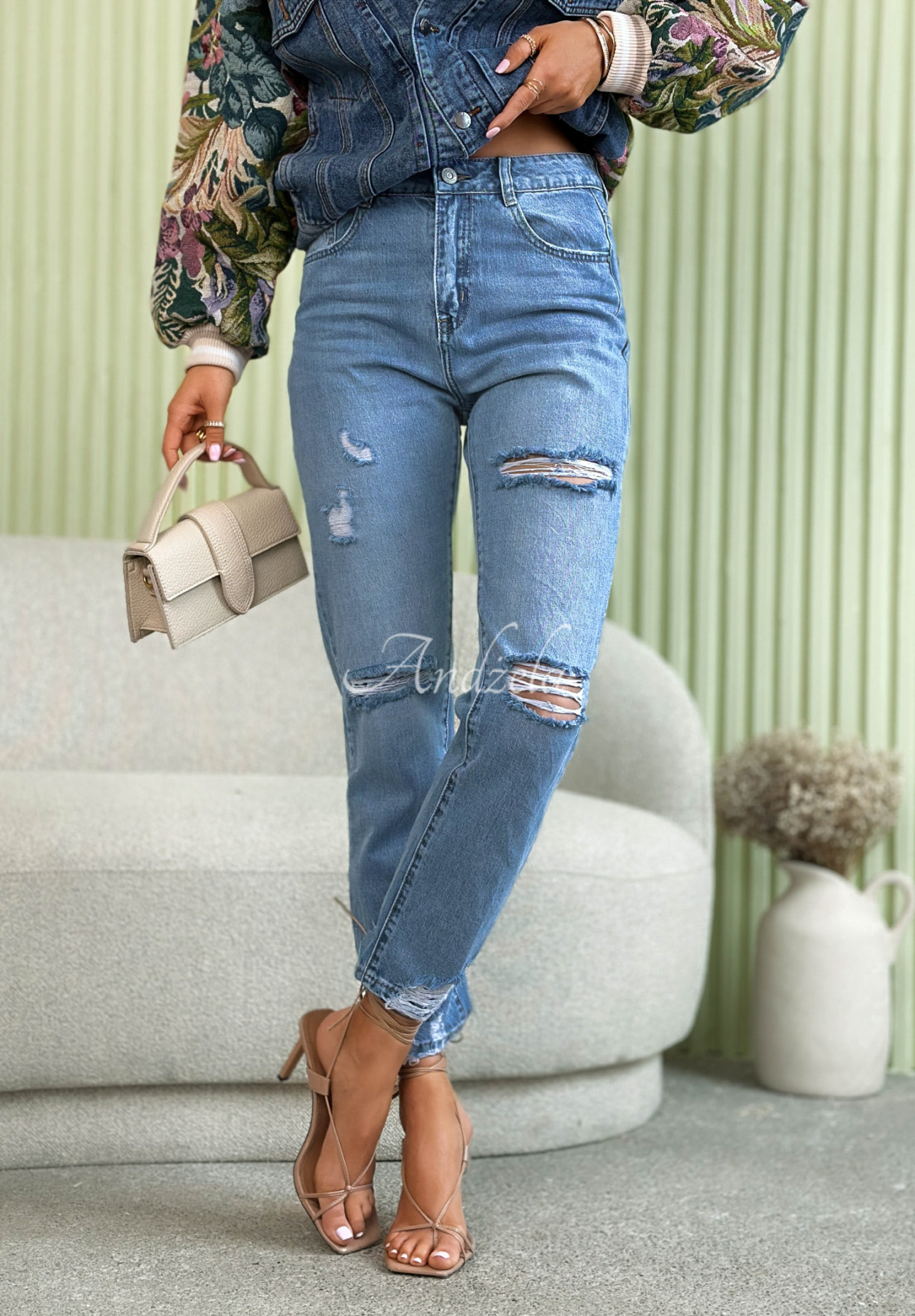 Jeans mom fit im Used-Look Never Too Late Blau