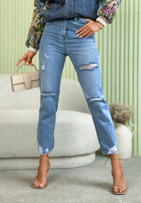 Never Too Late blue mom fit jeans with abrasions