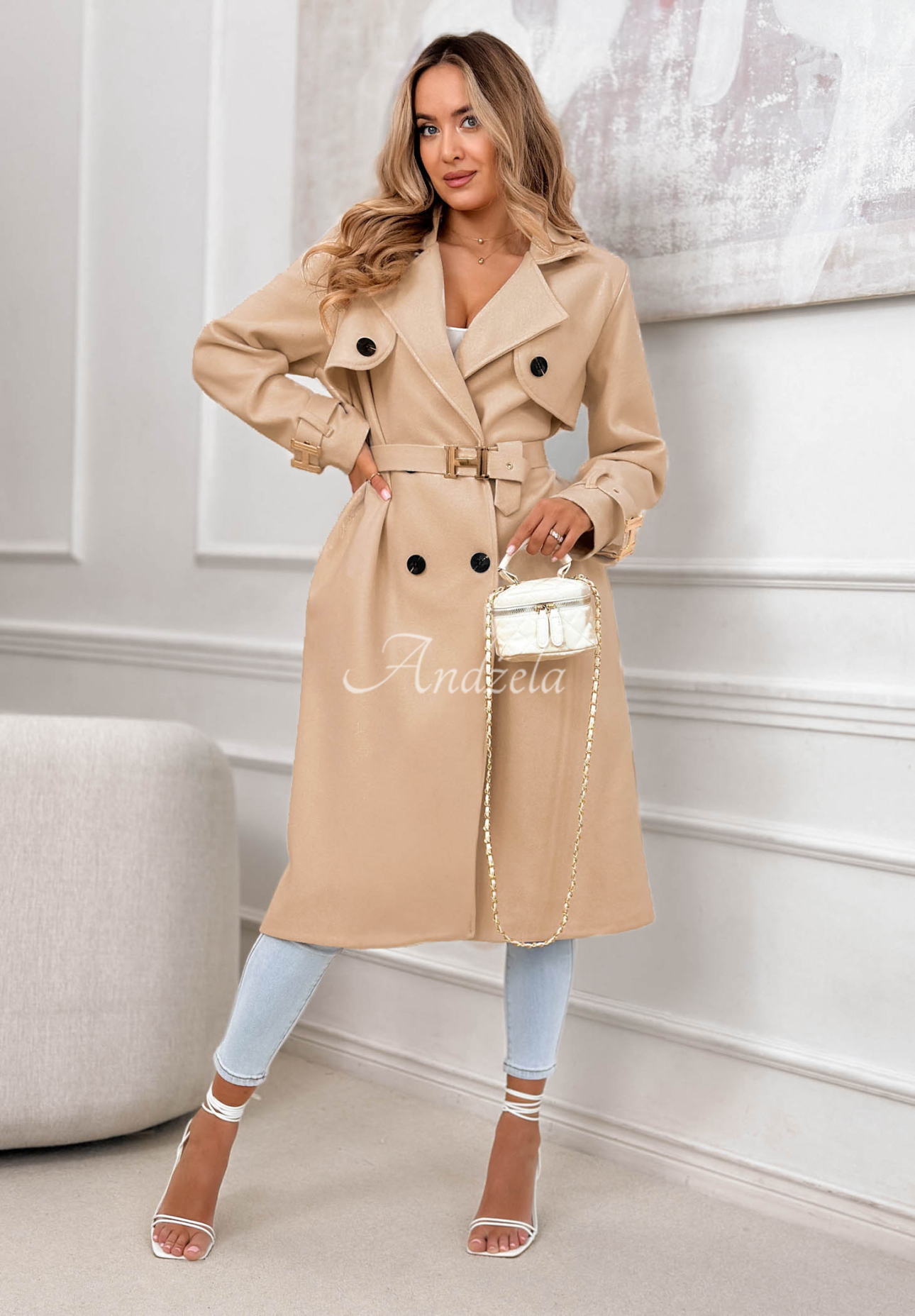 Langer zweireihiger Mantel mit Gürtel Changing Of Seasons dunkelbeige