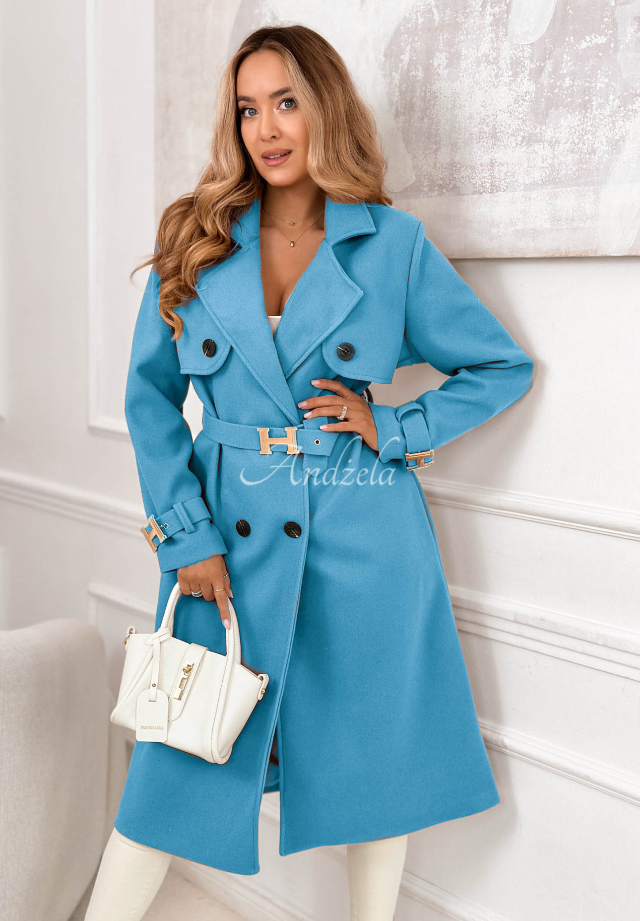 Changing Of Seasons long double-breasted coat with belt, blue