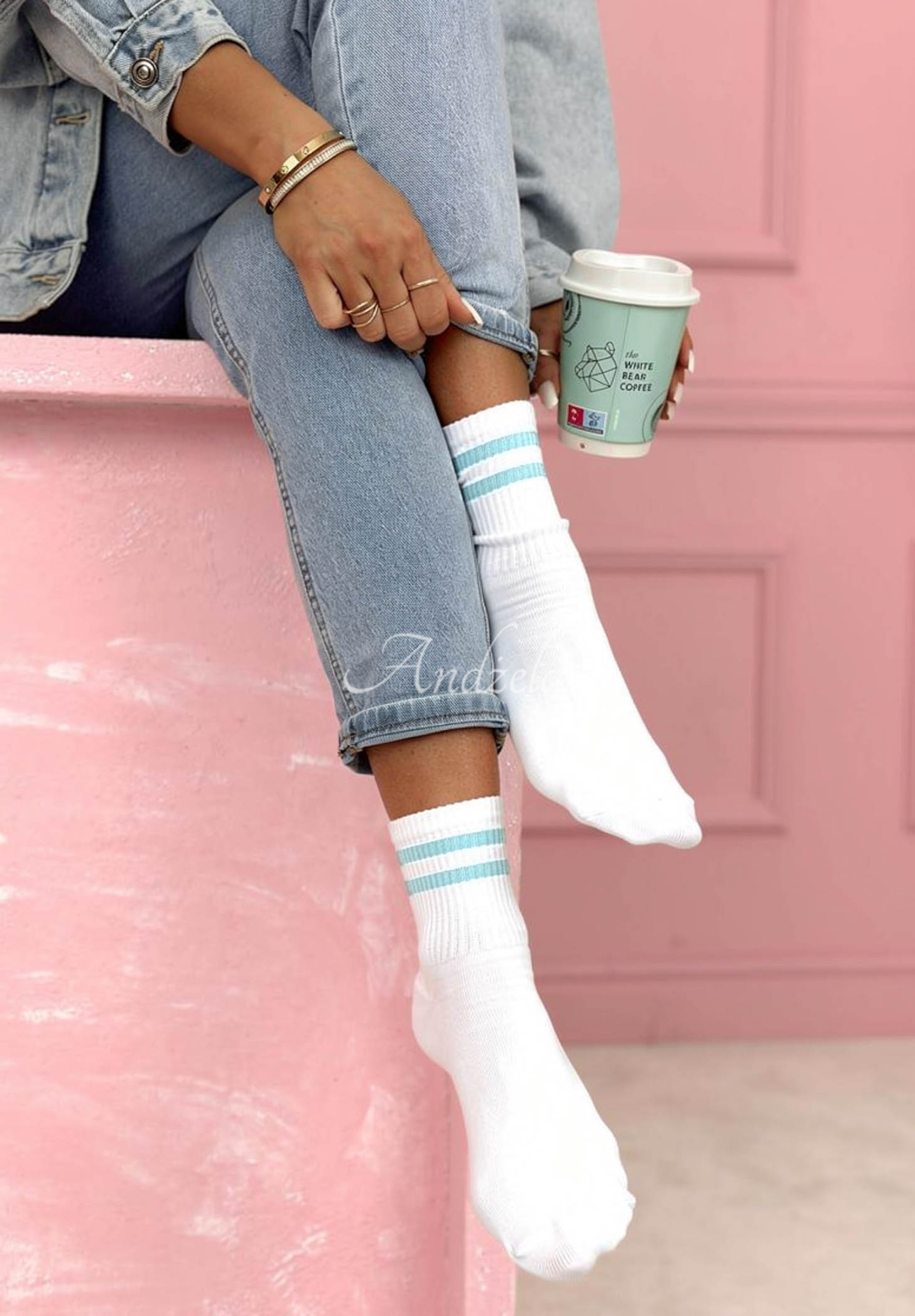 Brianna long socks with stripes, white and blue