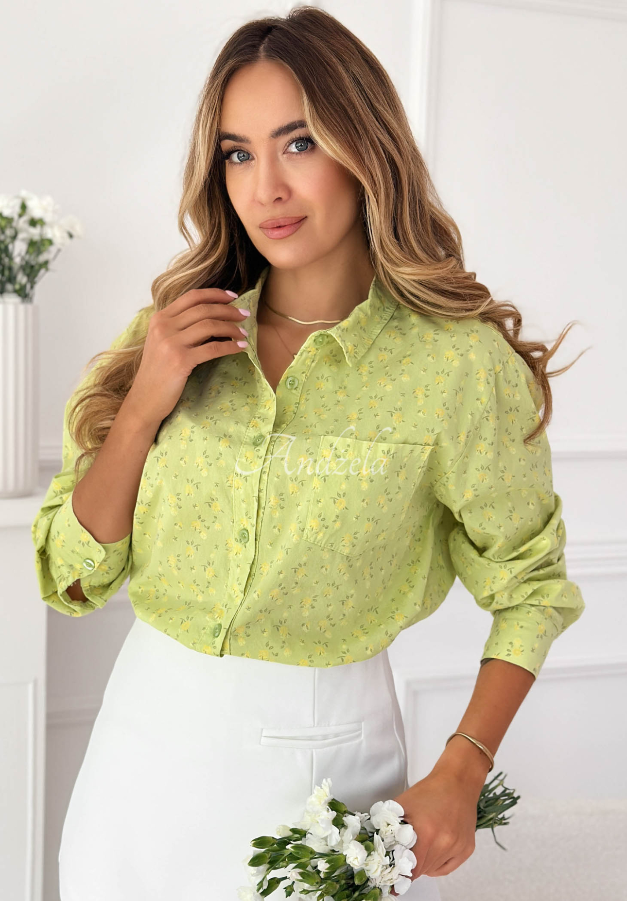 Marbella pistachio cotton shirt with floral pattern