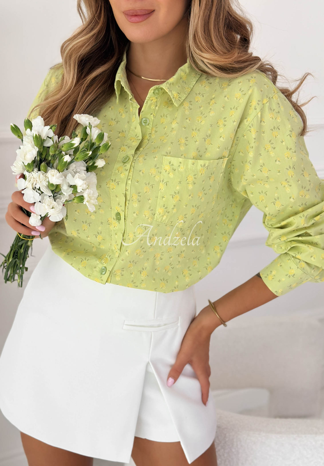 Marbella pistachio cotton shirt with floral pattern