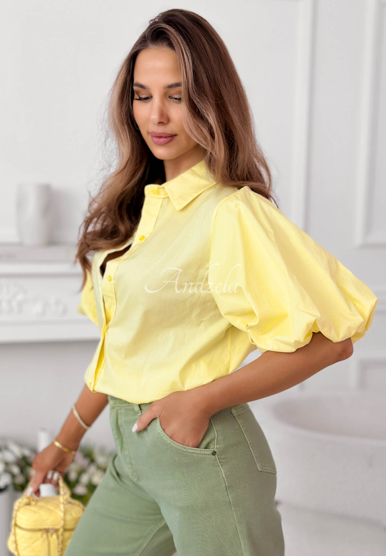 Jane yellow cotton shirt with puffed sleeves