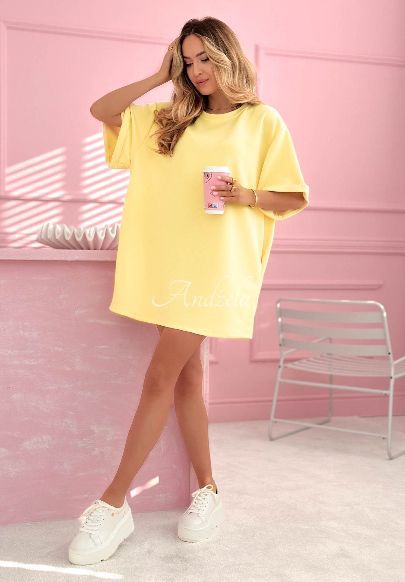 Long tunic T-shirt in butter yellow with viscose Base Babe