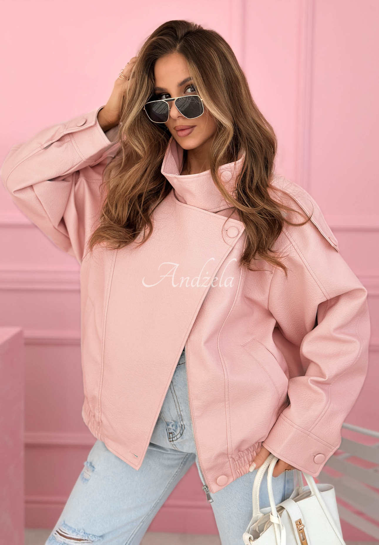 Messy powder pink leather bomber jacket