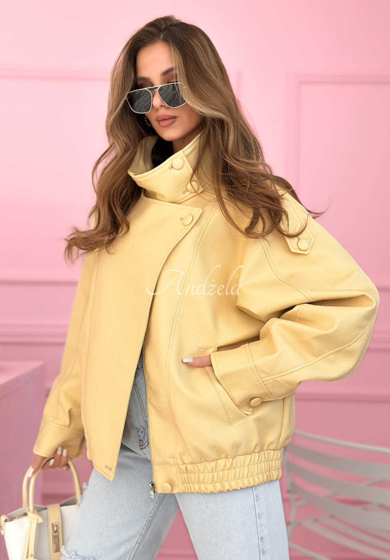 Messy yellow leather bomber jacket