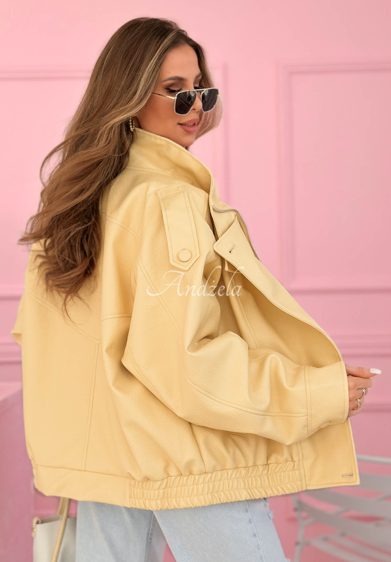 Messy yellow leather bomber jacket