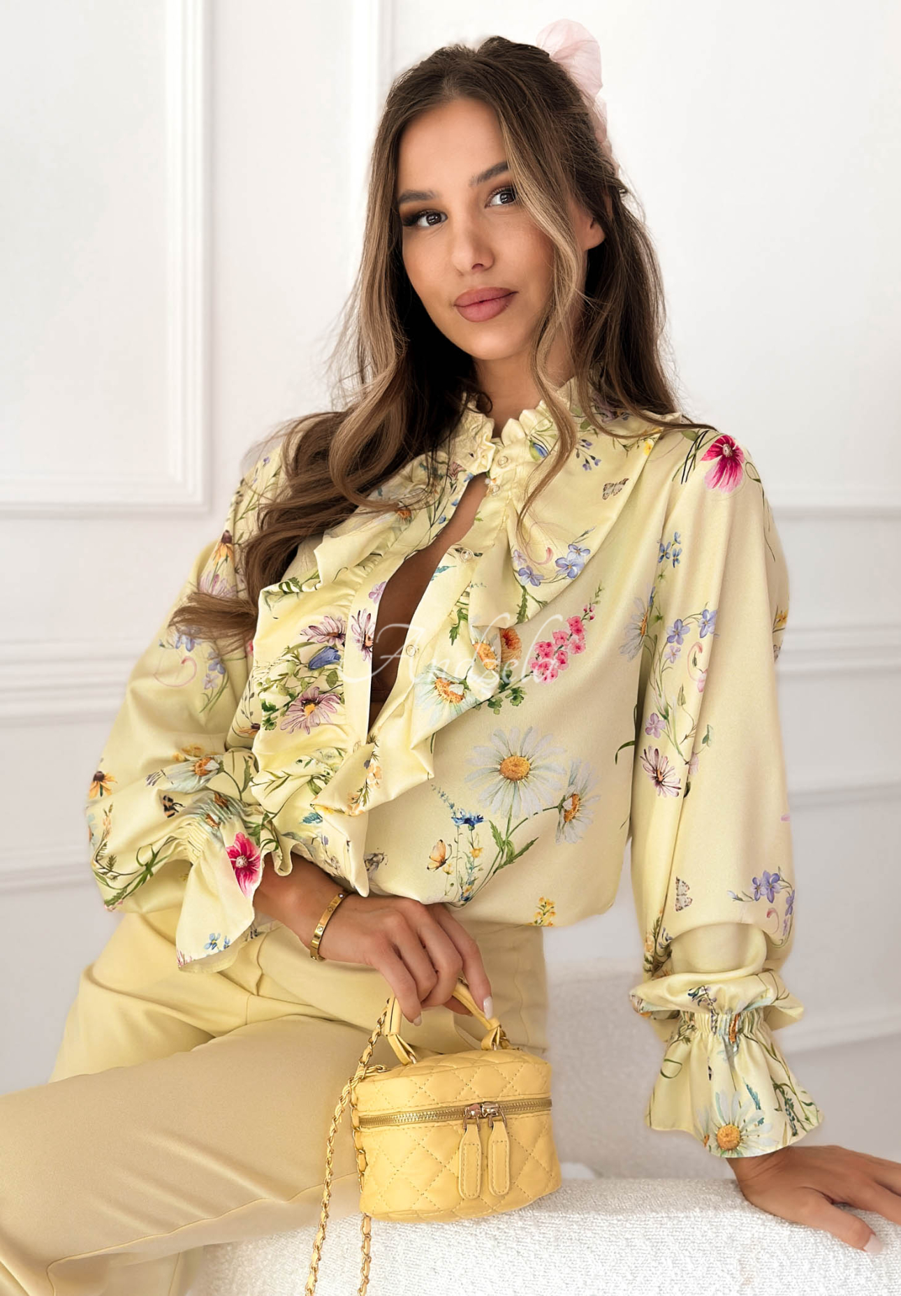 Miriam yellow viscose shirt with floral print and frill