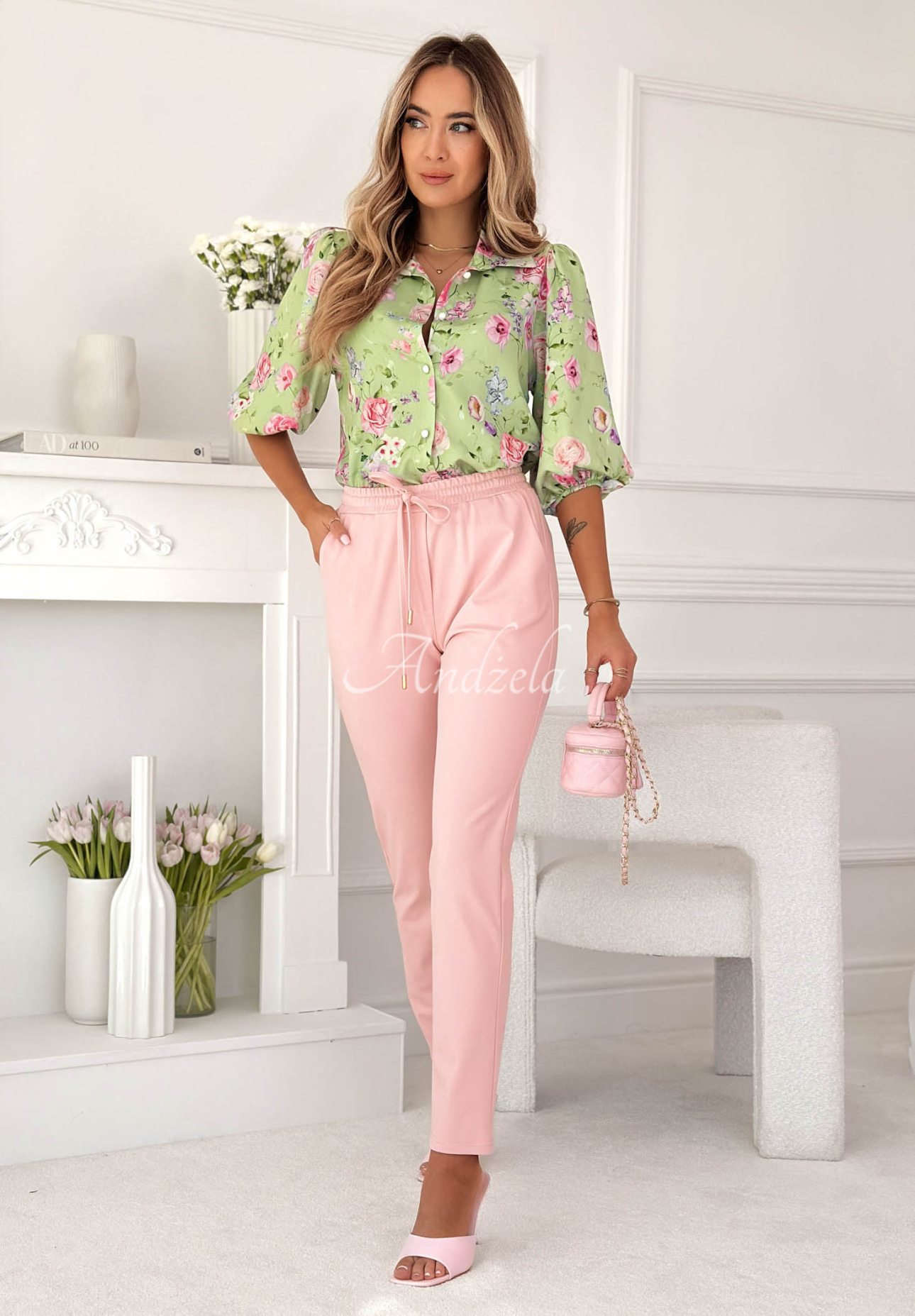 Floral shirt with puff sleeves and pistachio Dakota viscose