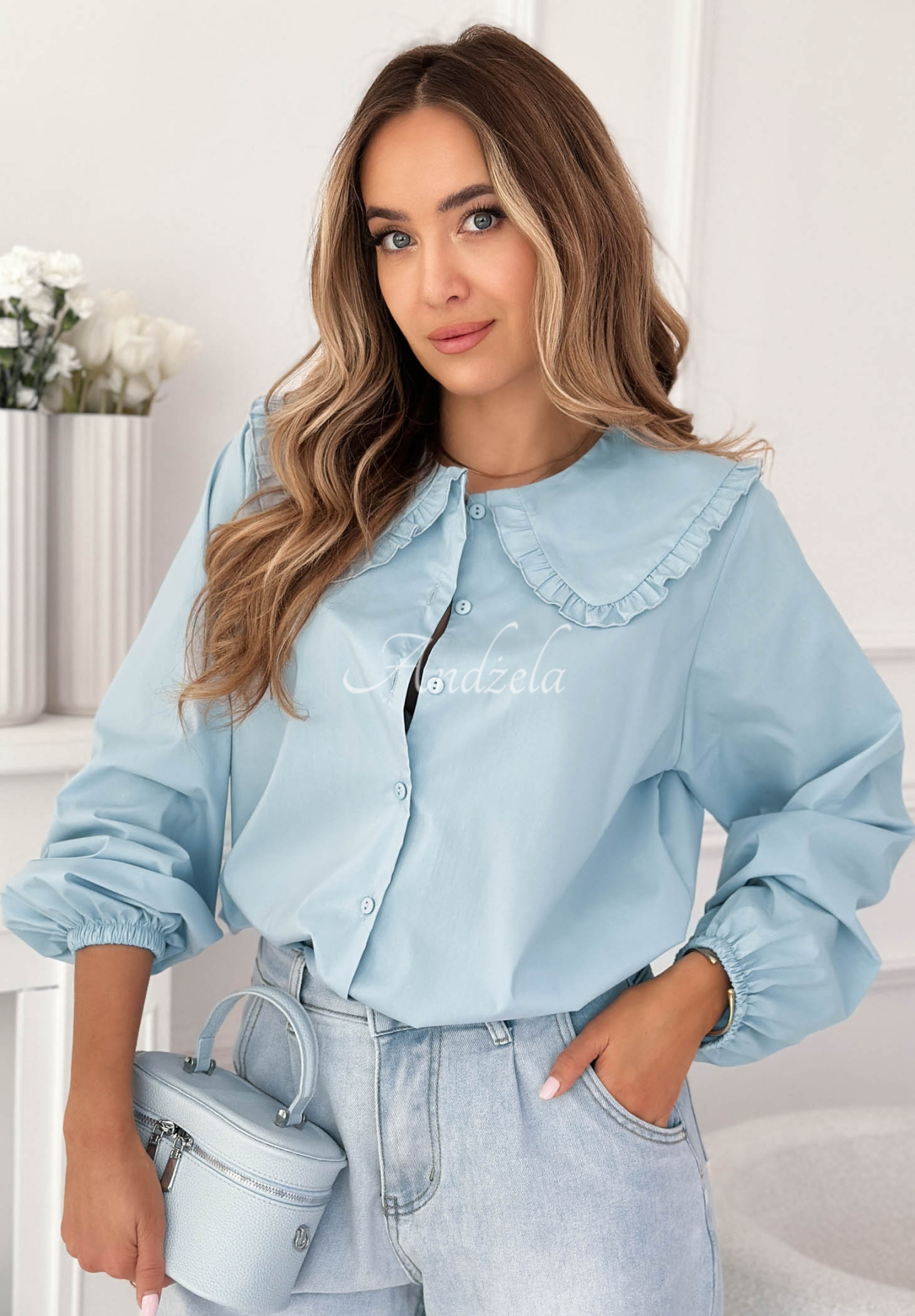 Martha blue viscose shirt with decorative collar