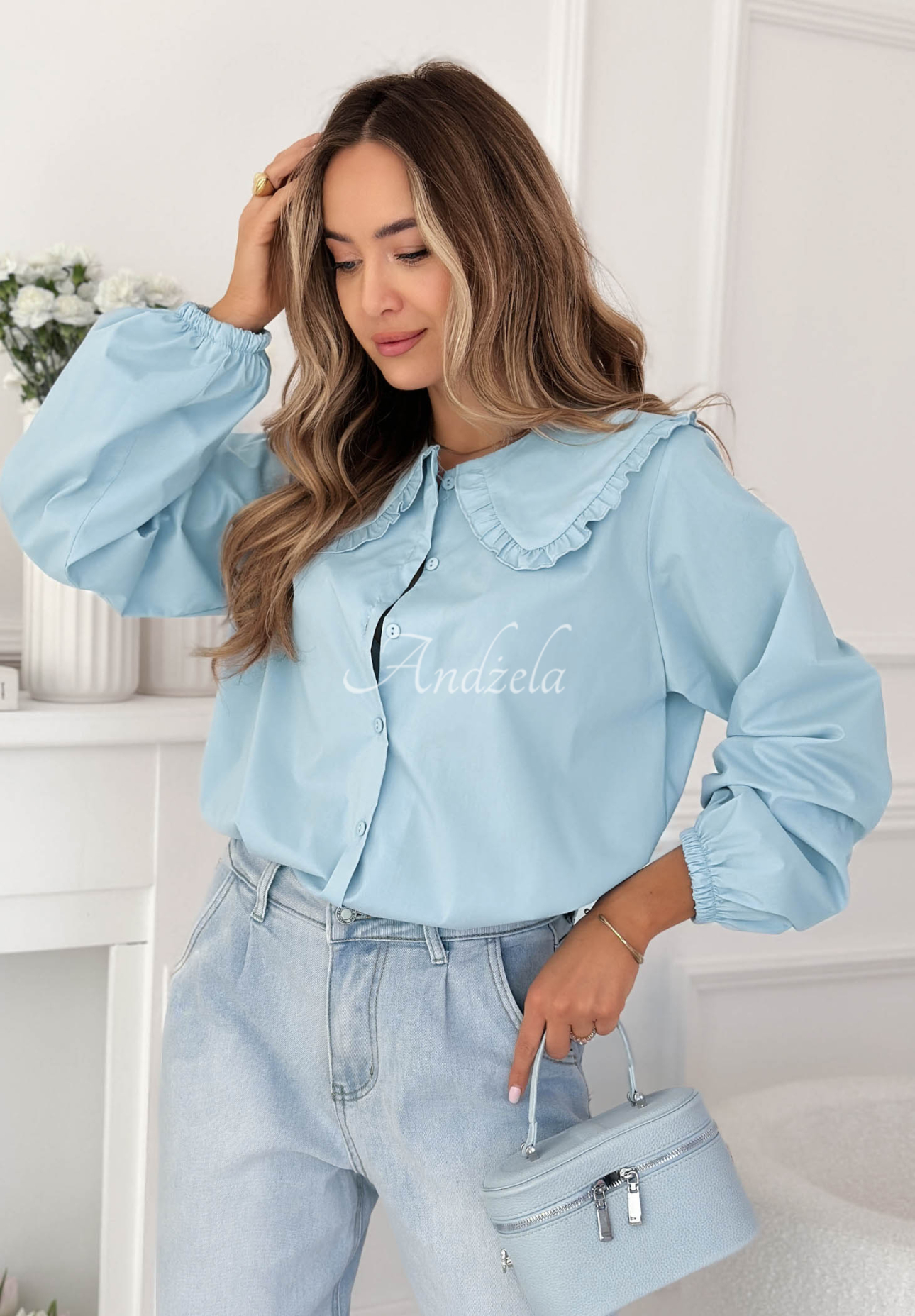 Martha blue viscose shirt with decorative collar