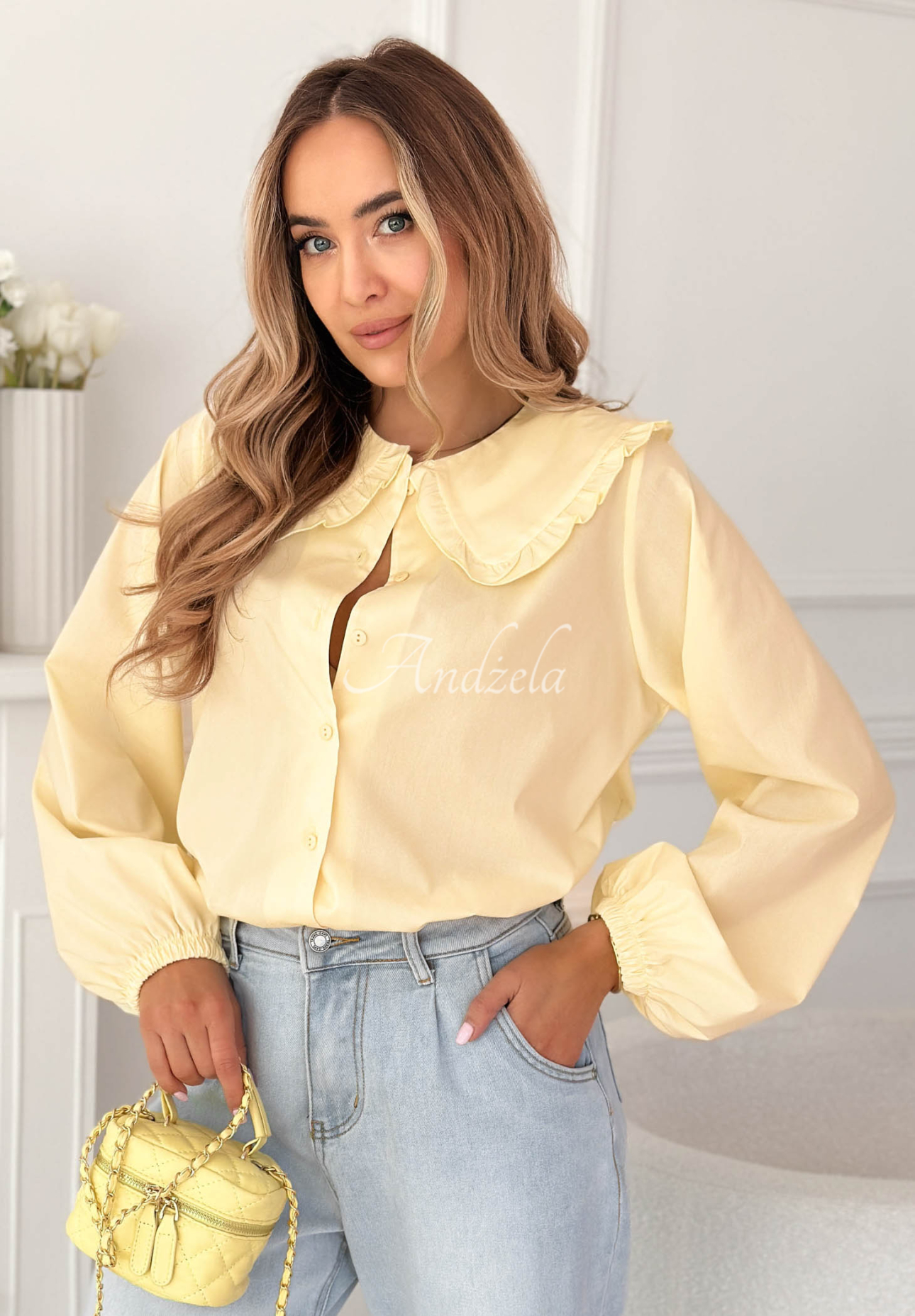 Martha yellow viscose shirt with decorative collar