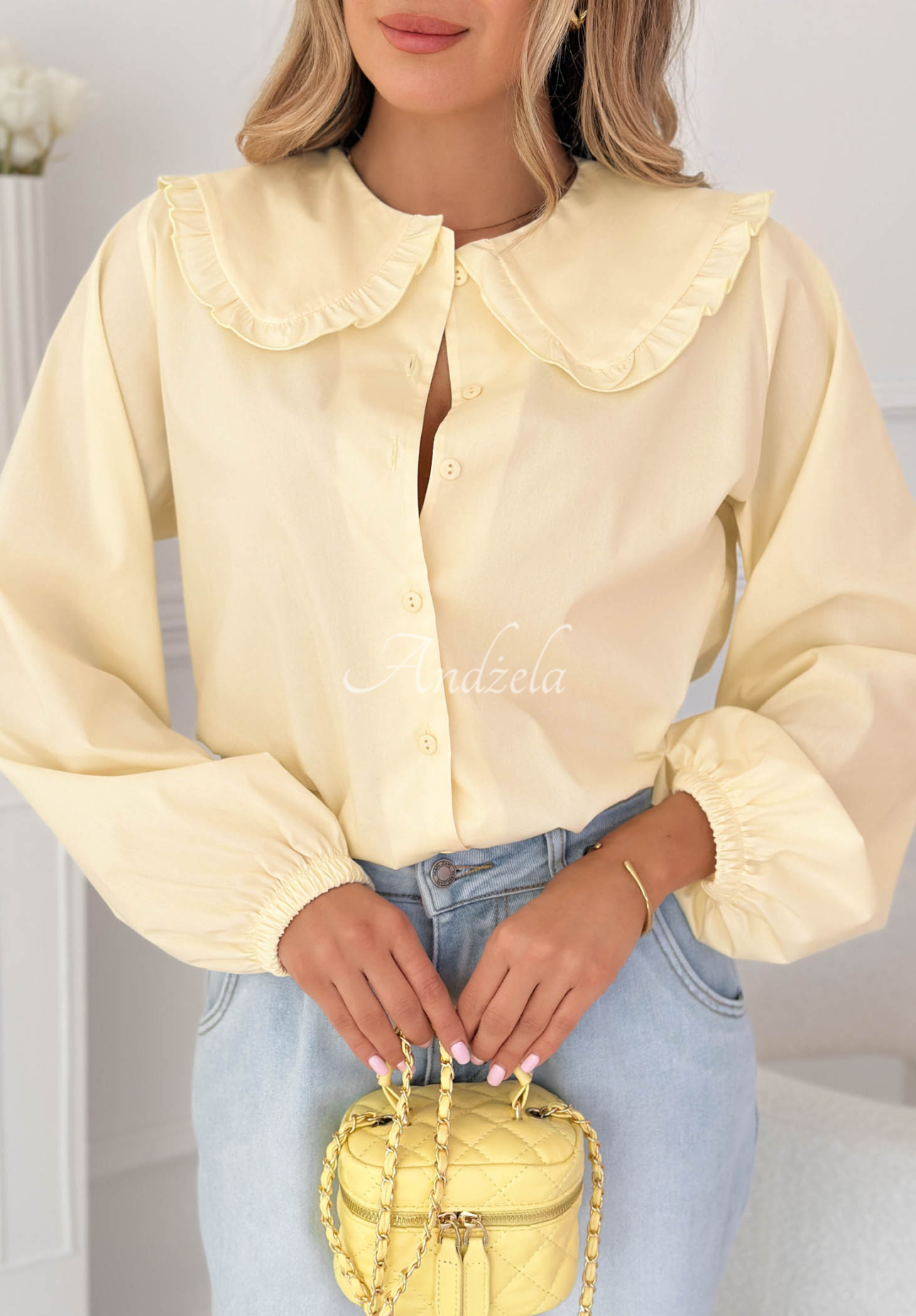 Martha yellow viscose shirt with decorative collar