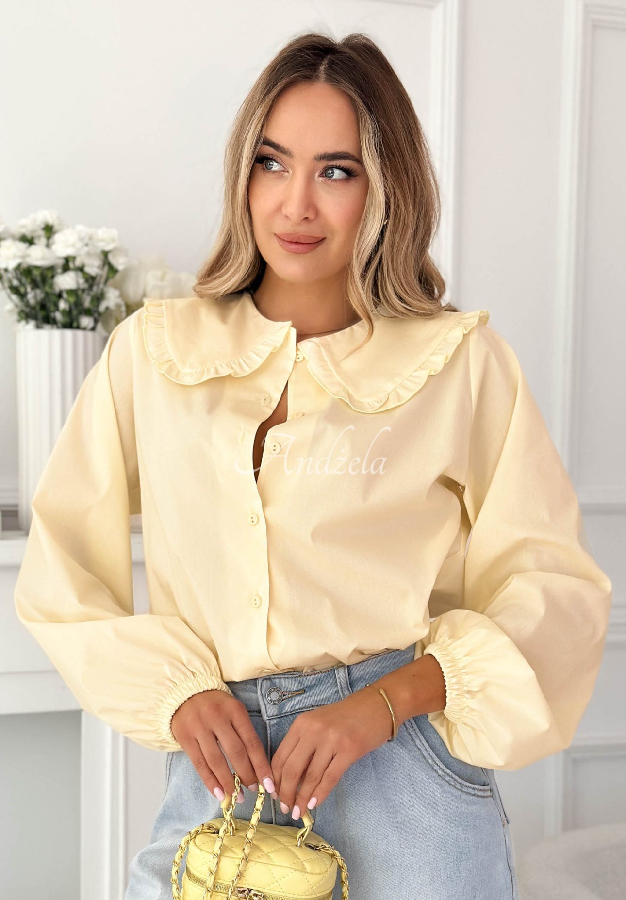 Martha yellow viscose shirt with decorative collar