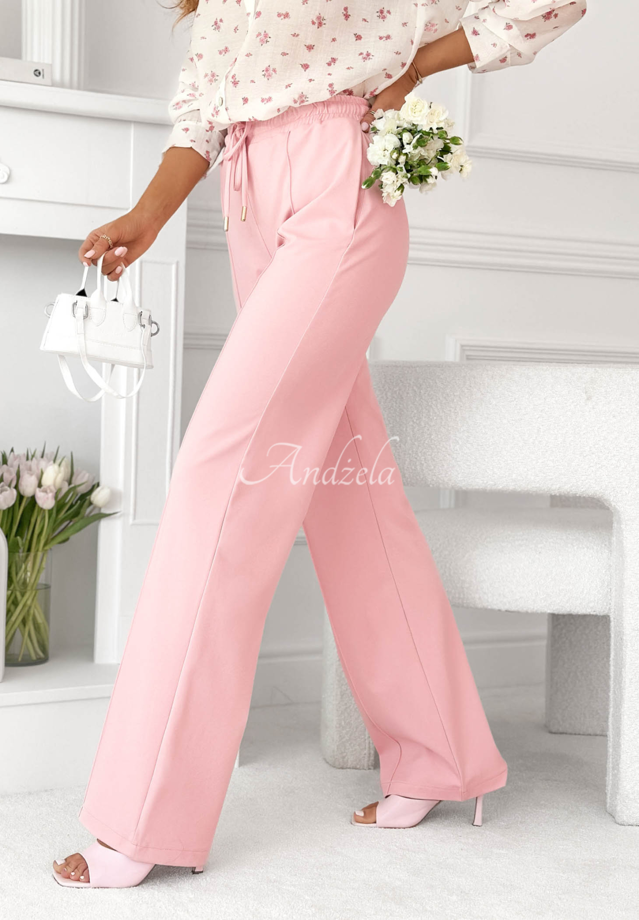 Look Here powder pink viscose wide leg pants