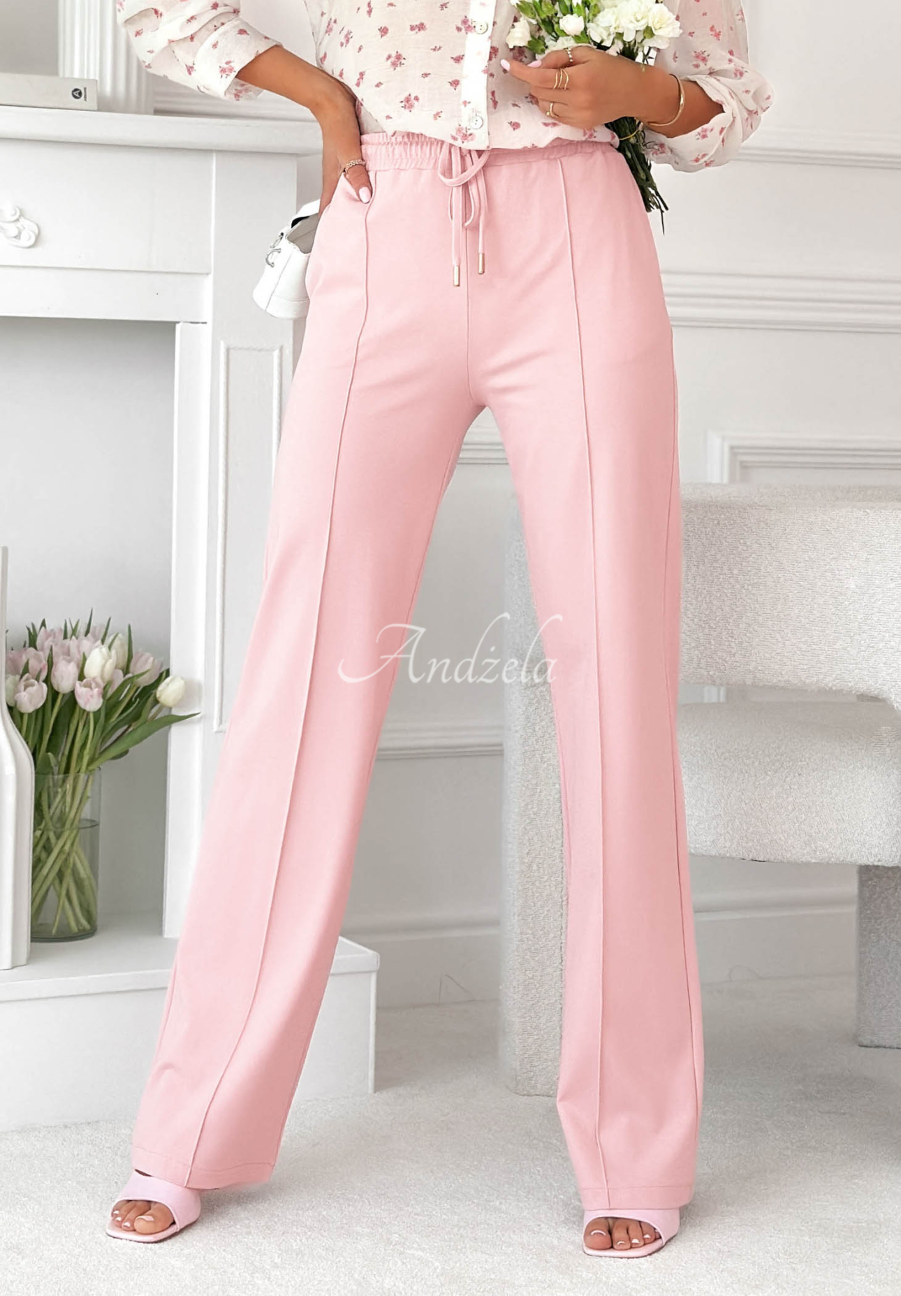 Look Here powder pink viscose wide leg pants