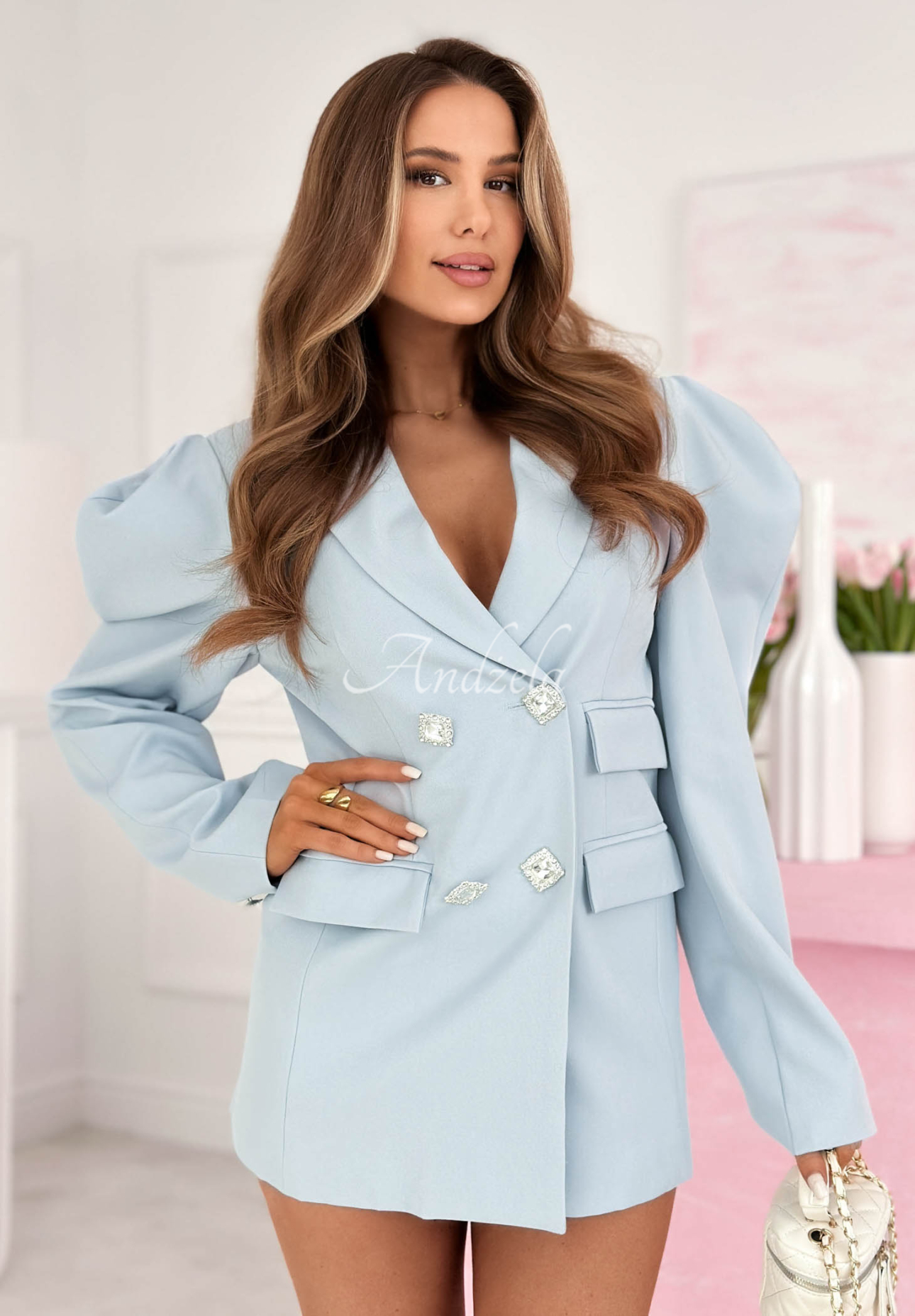 Blazer-Kleid mit Puffärmeln und Baumwolle Avenelle Himmelblau