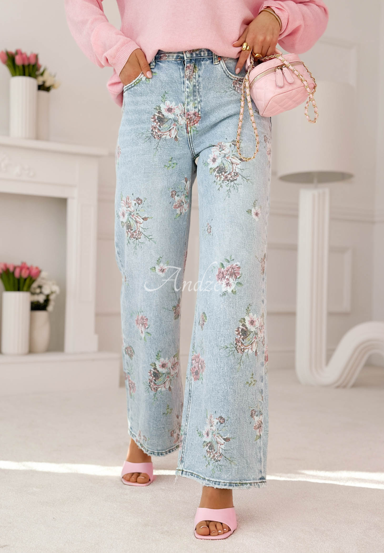 Jeanshose wide leg mit Blumen Lizzie Blau