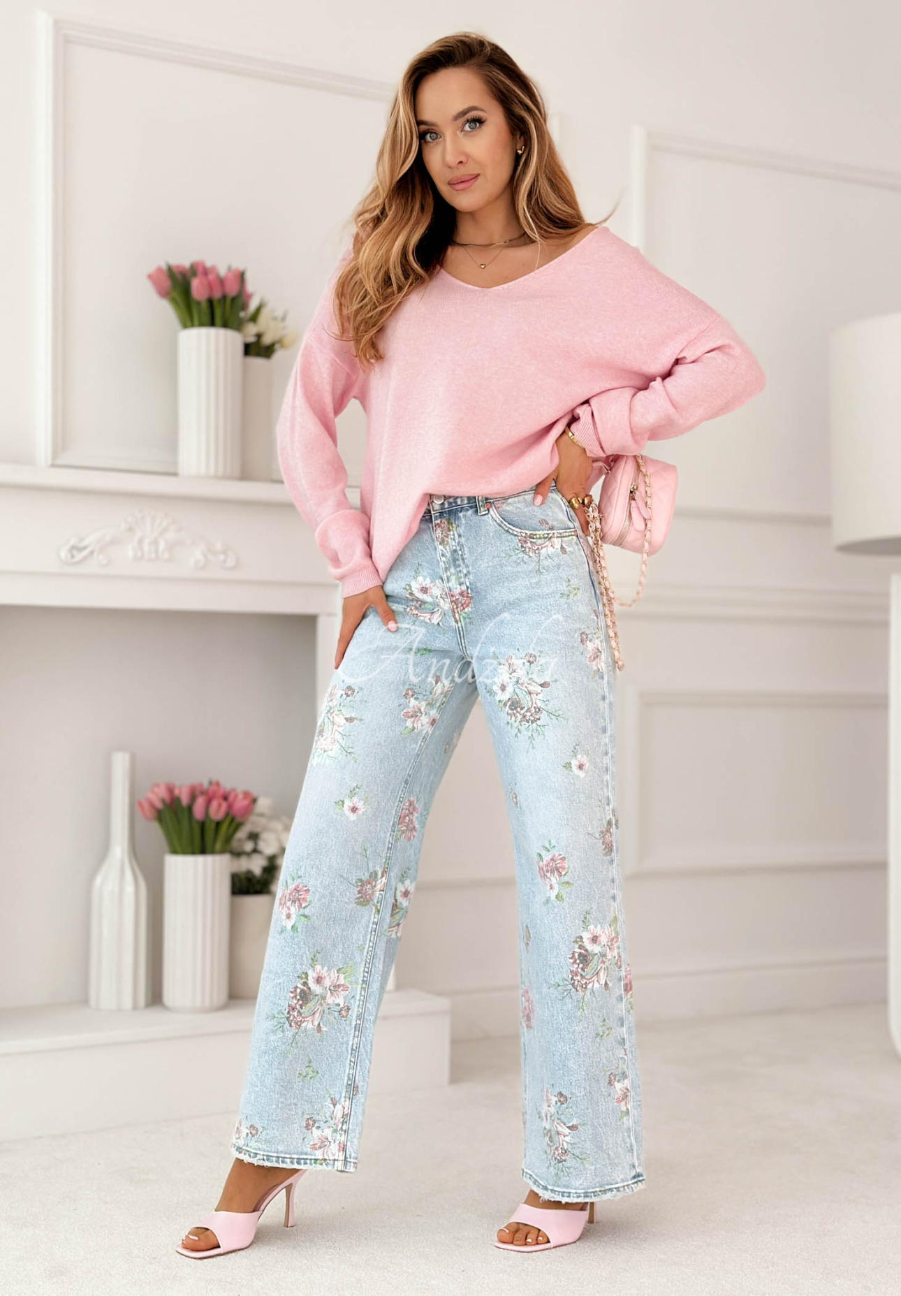 Jeanshose wide leg mit Blumen Lizzie Blau