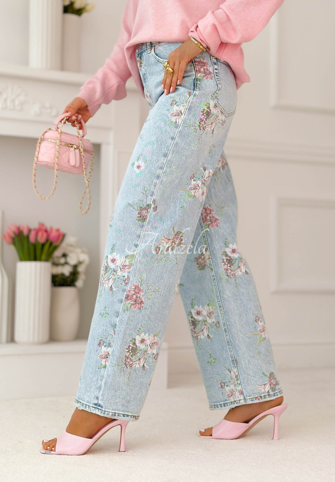 Jeanshose wide leg mit Blumen Lizzie Blau