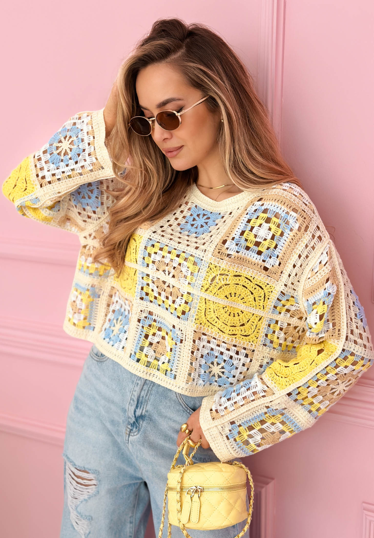 Yasmine yellow openwork boho sweater