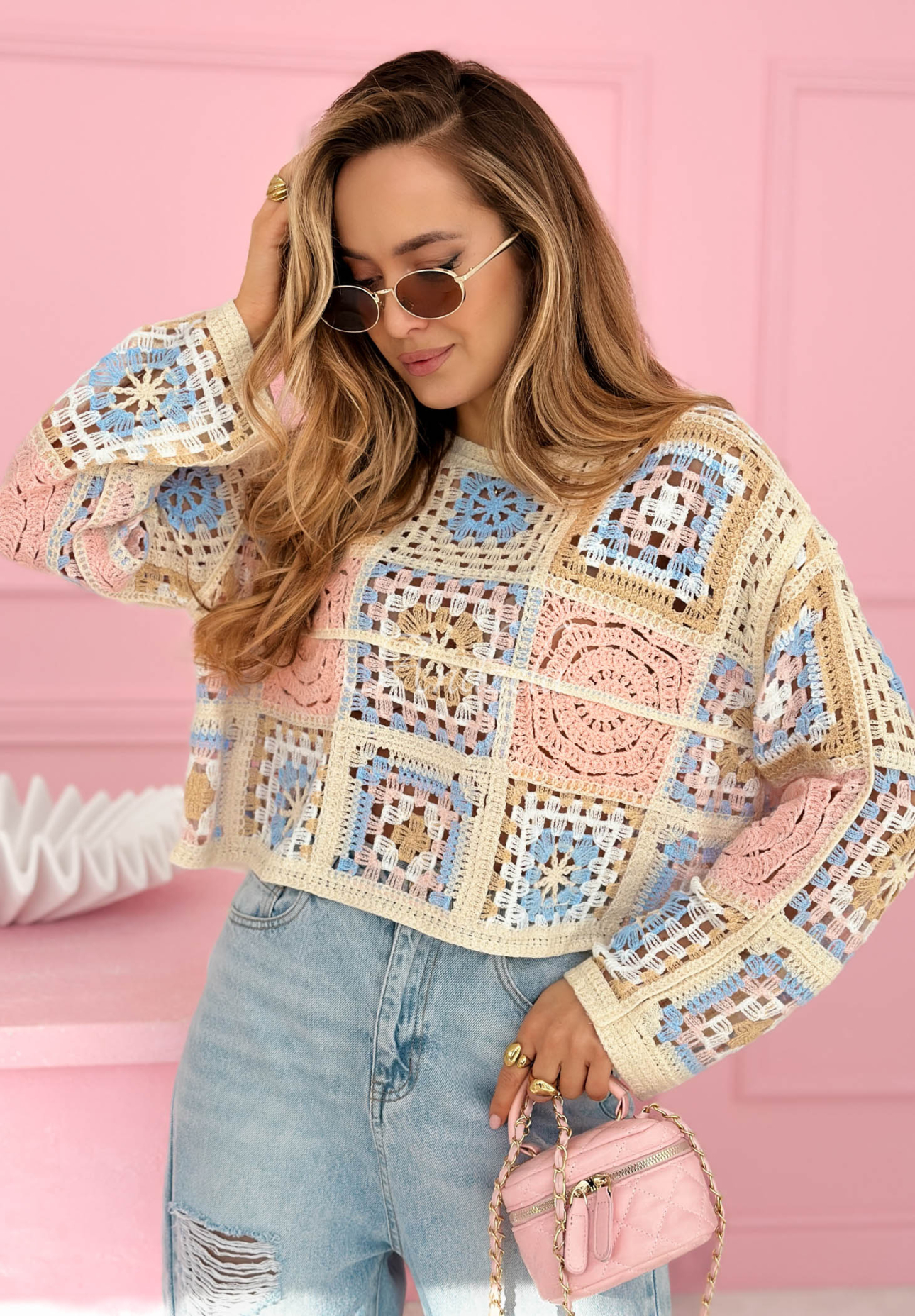 Yasmine pink openwork boho sweater
