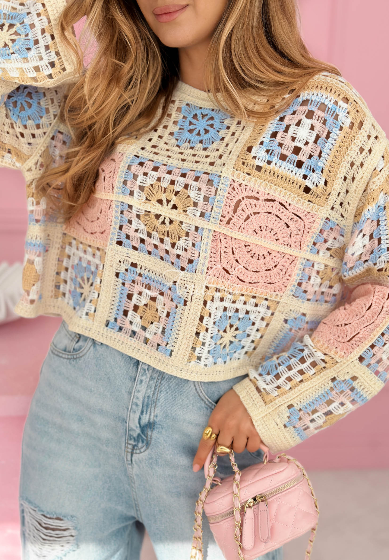Durchbrochener Pullover boho Yasmine Rosa