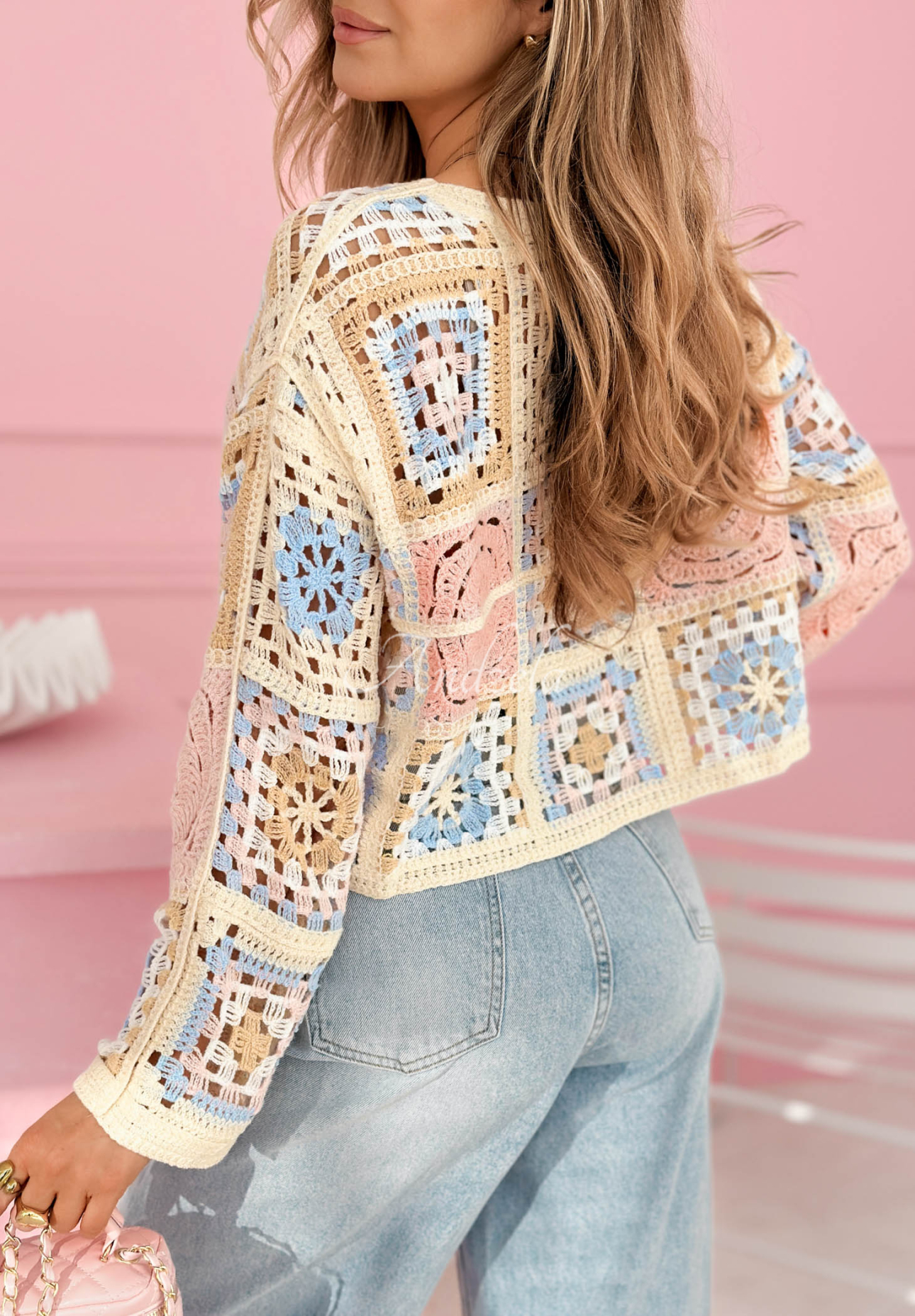 Yasmine pink openwork boho sweater