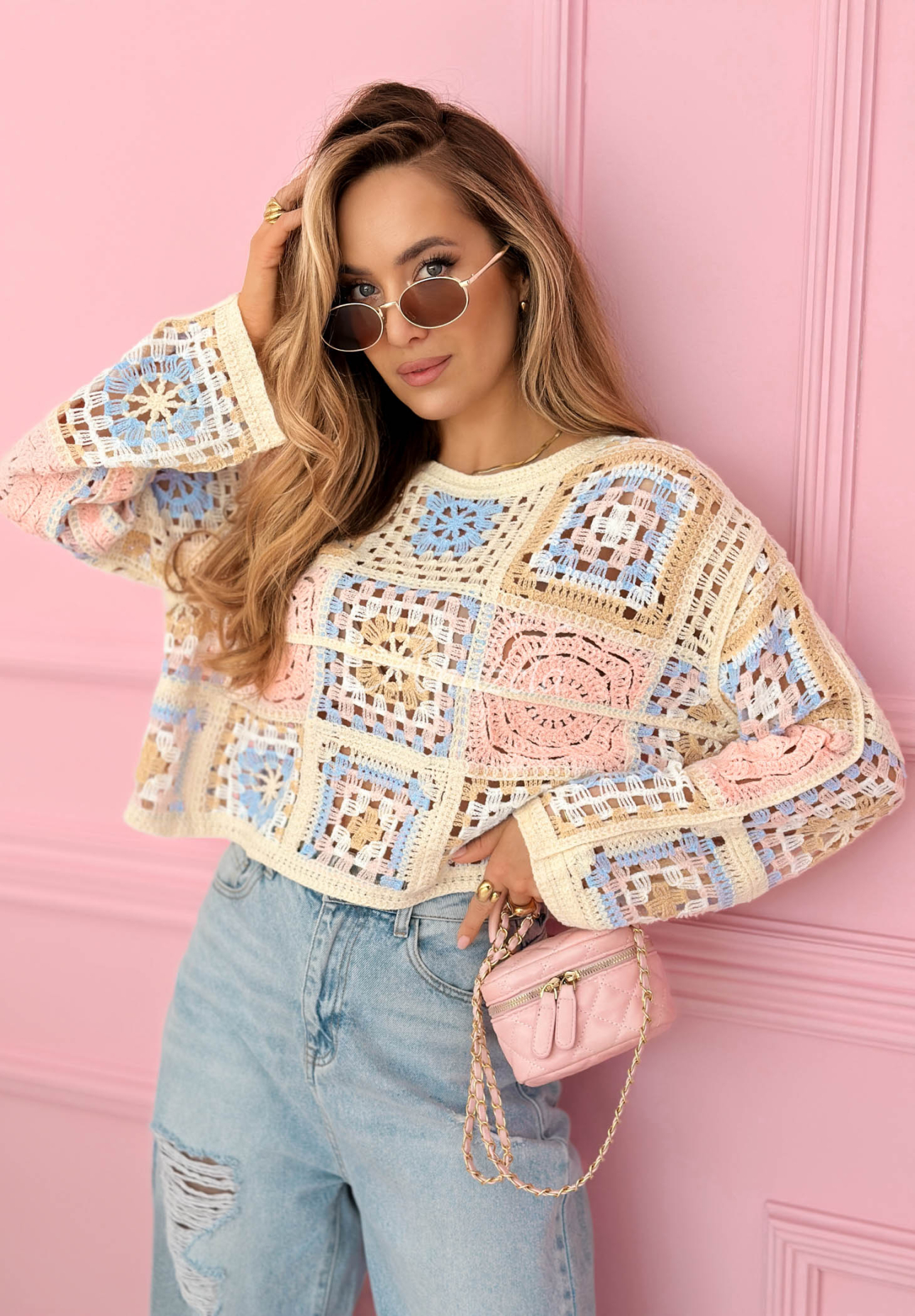 Durchbrochener Pullover boho Yasmine Rosa