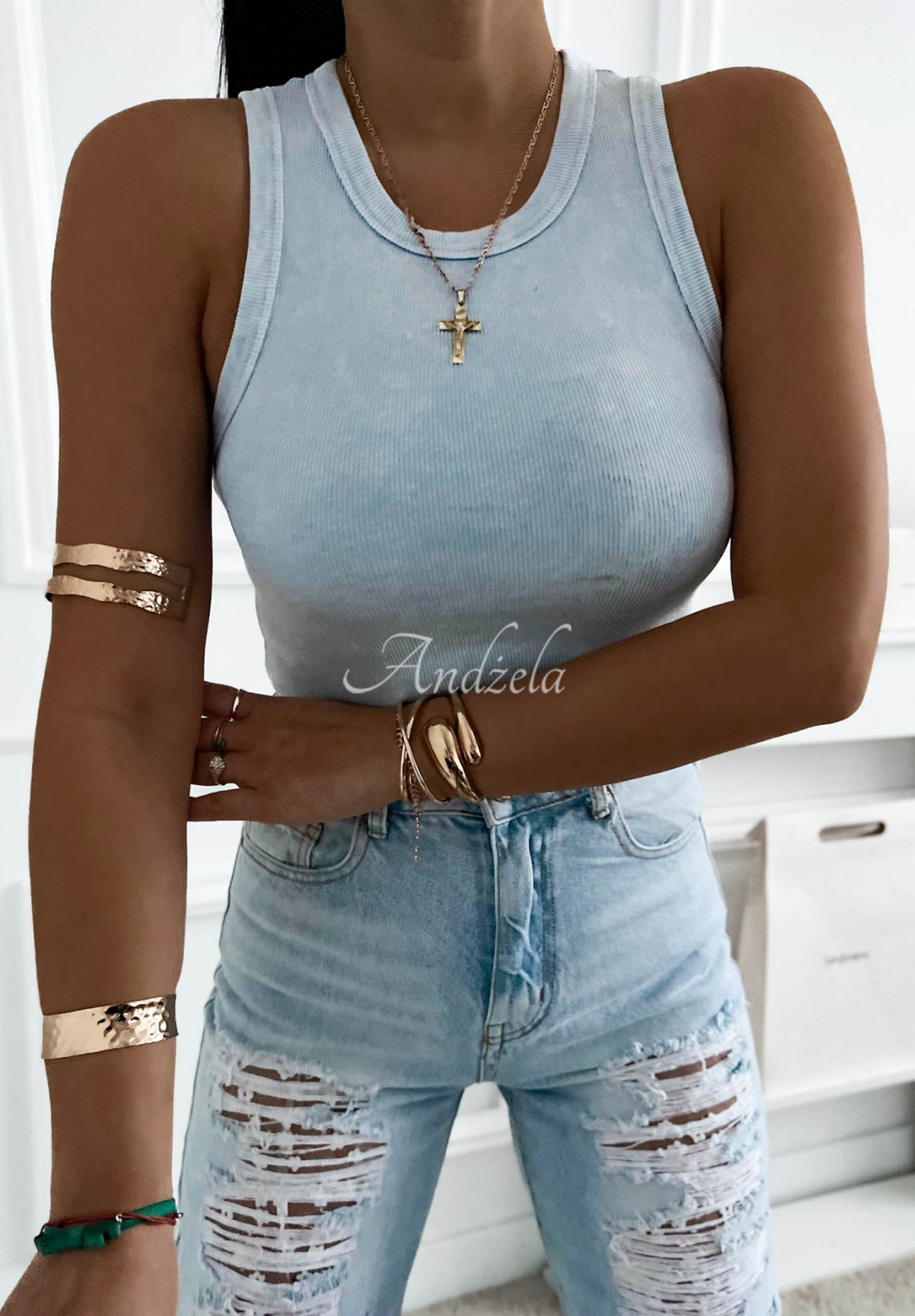 Callie sky blue striped cotton tank top