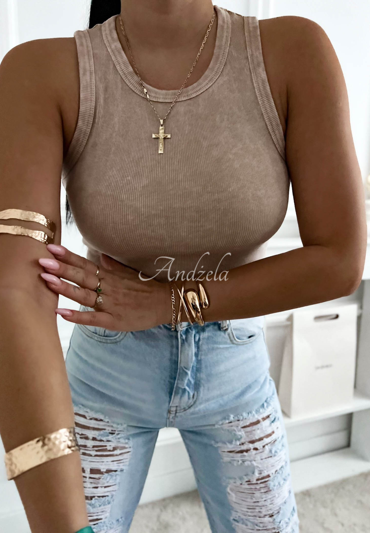 Geripptes Baumwolltop mit Trägern Callie Beige