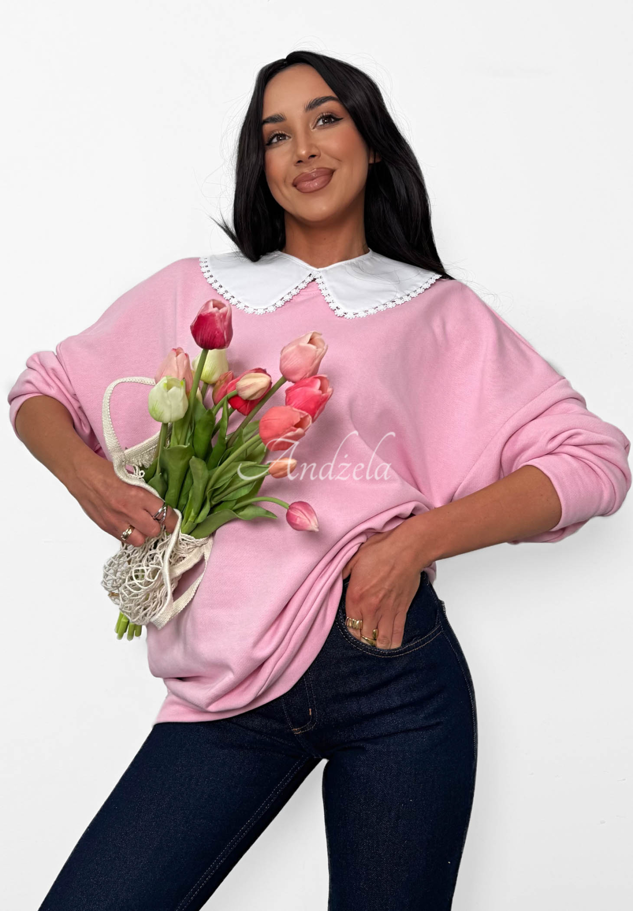 La Milla Kimberly pink cotton sweatshirt with tie-up collar