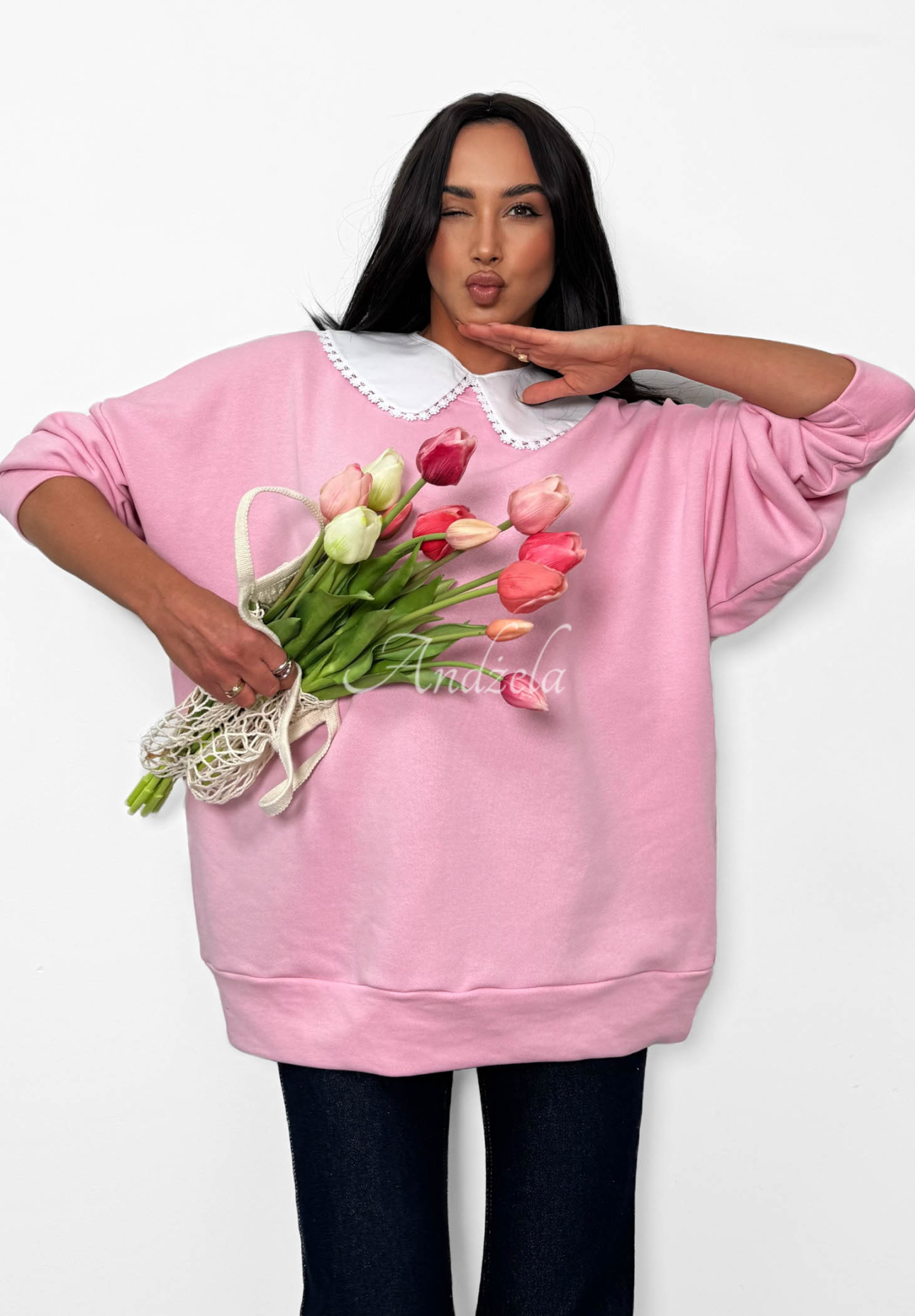 La Milla Kimberly pink cotton sweatshirt with tie-up collar